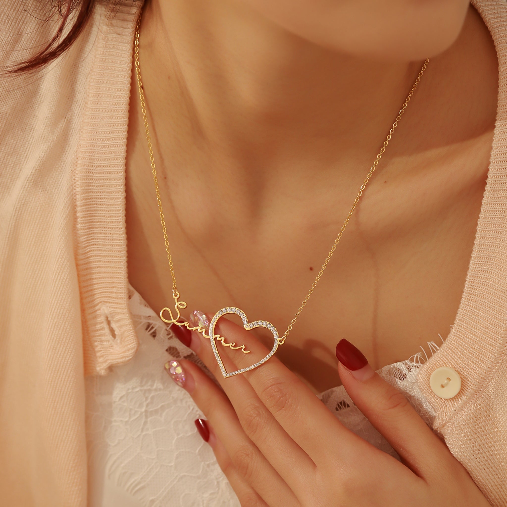 Name Necklace with Pave Heart