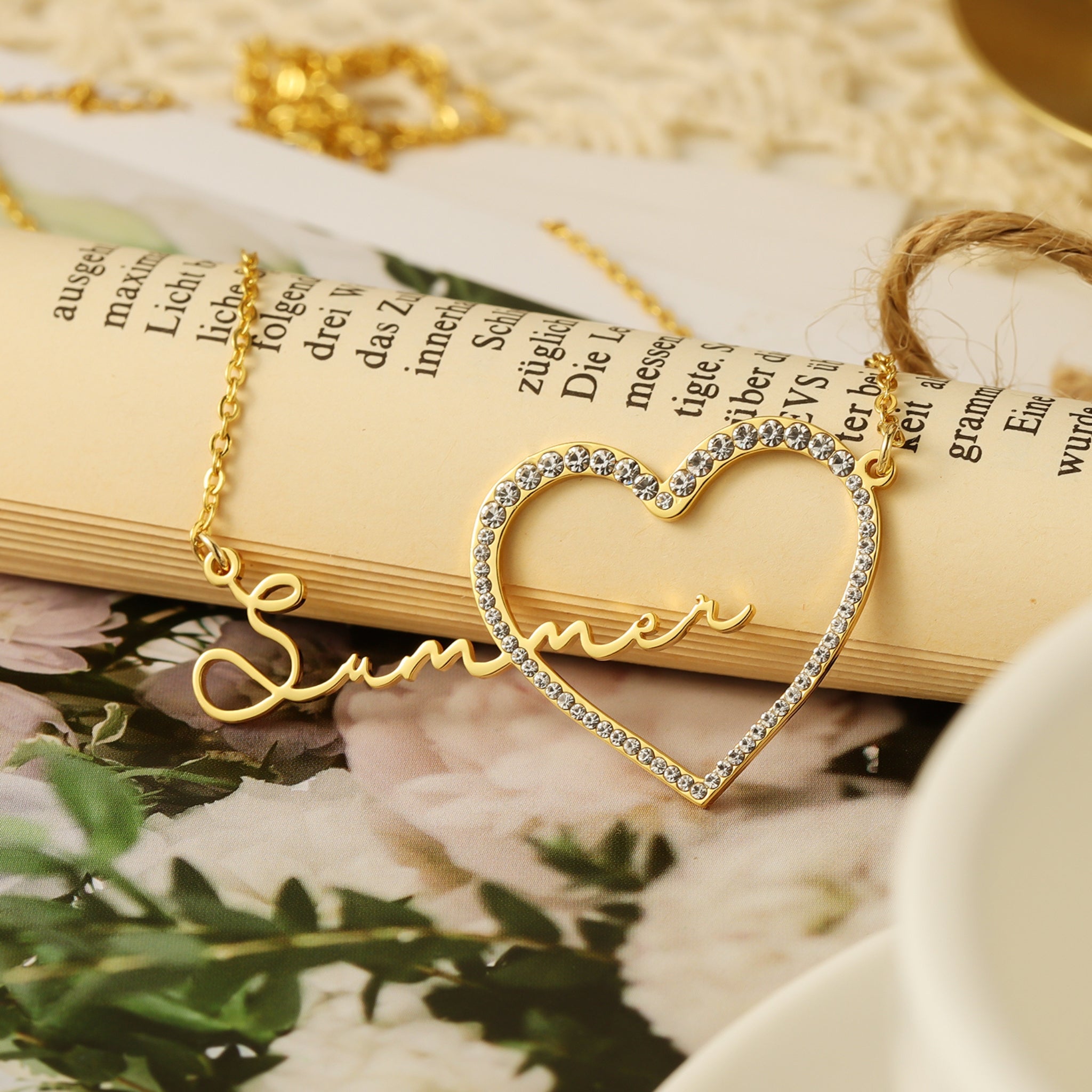 Name Necklace with Pave Heart