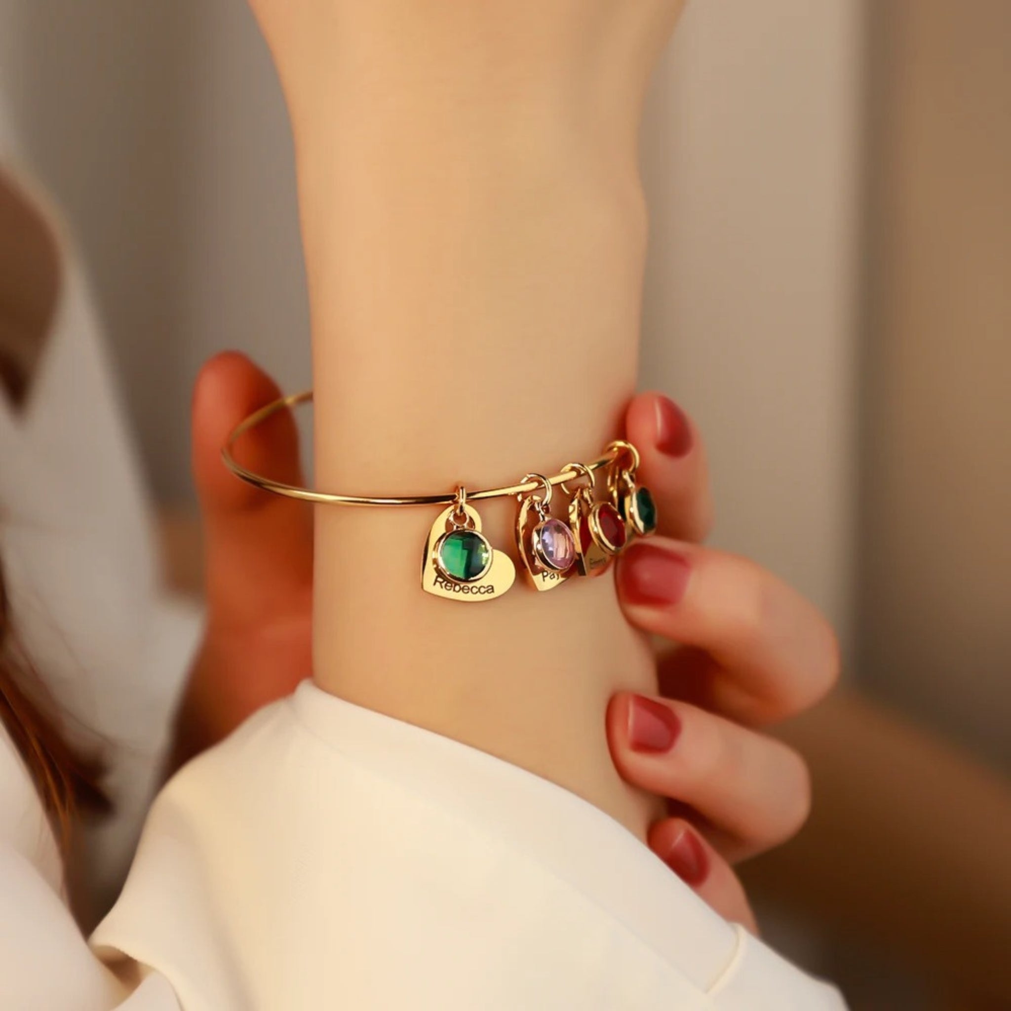 Birthstone Bangle with Engraved Hearts
