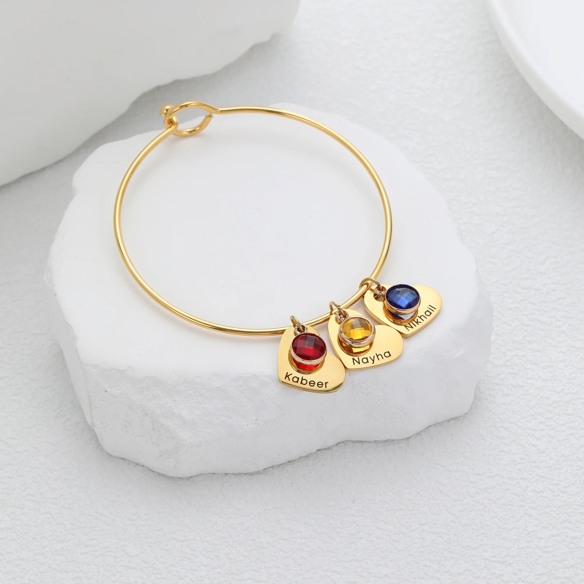 Birthstone Bangle with Engraved Hearts