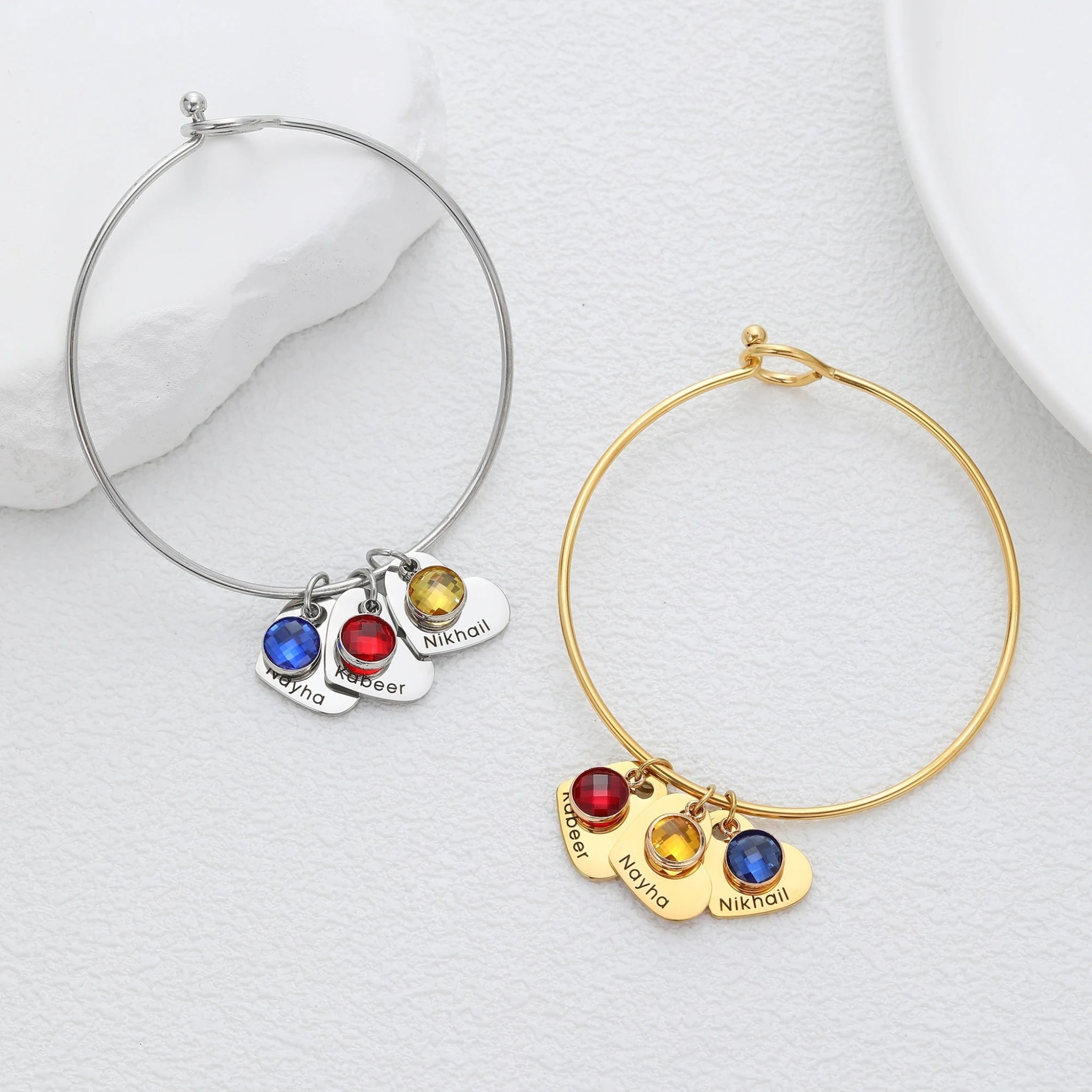 Birthstone Bangle with Engraved Hearts