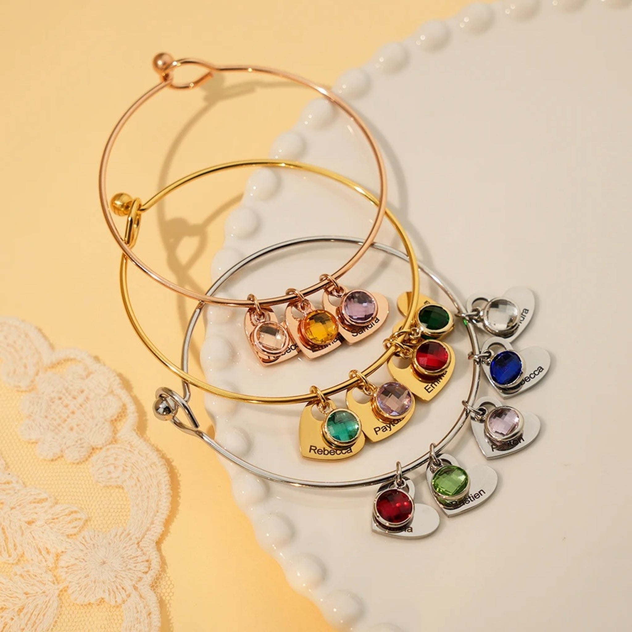 Birthstone Bangle with Engraved Hearts