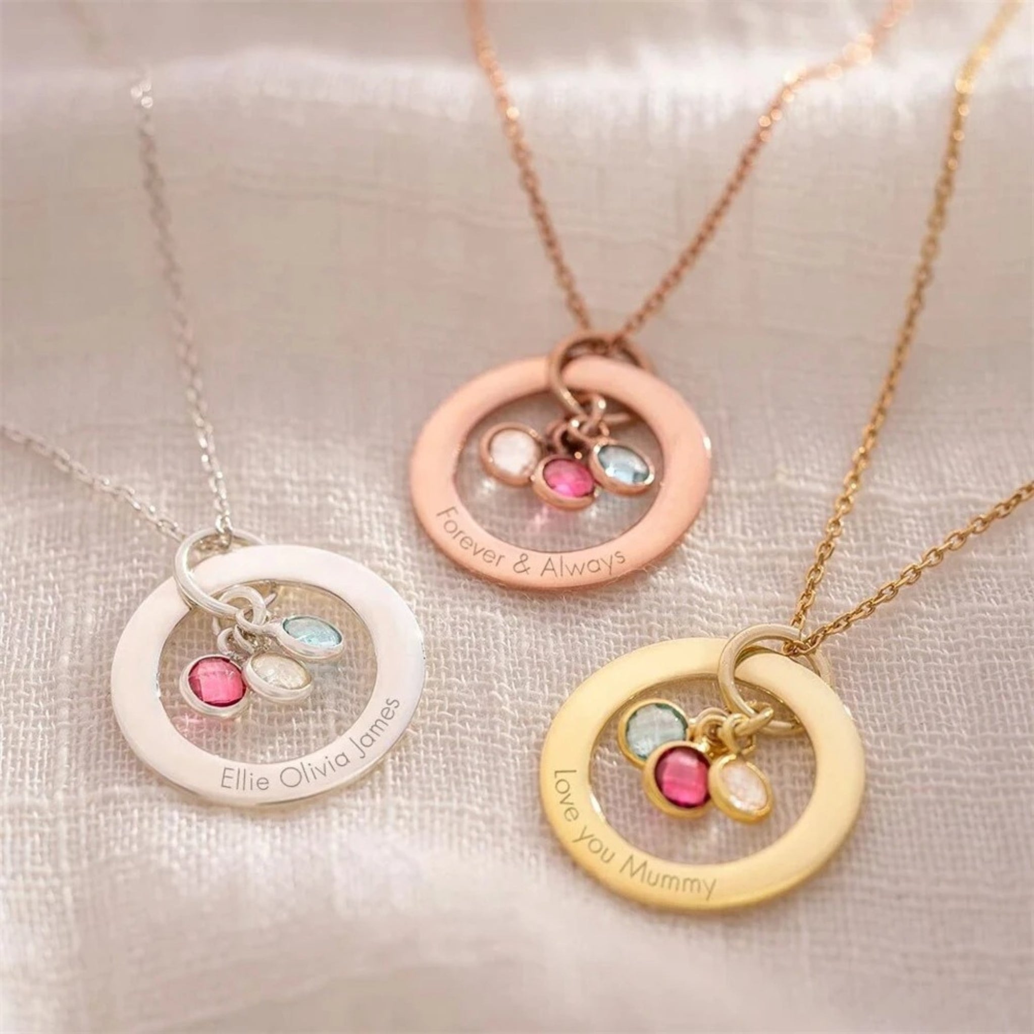 Engraved Ring Pendant with Birthstones