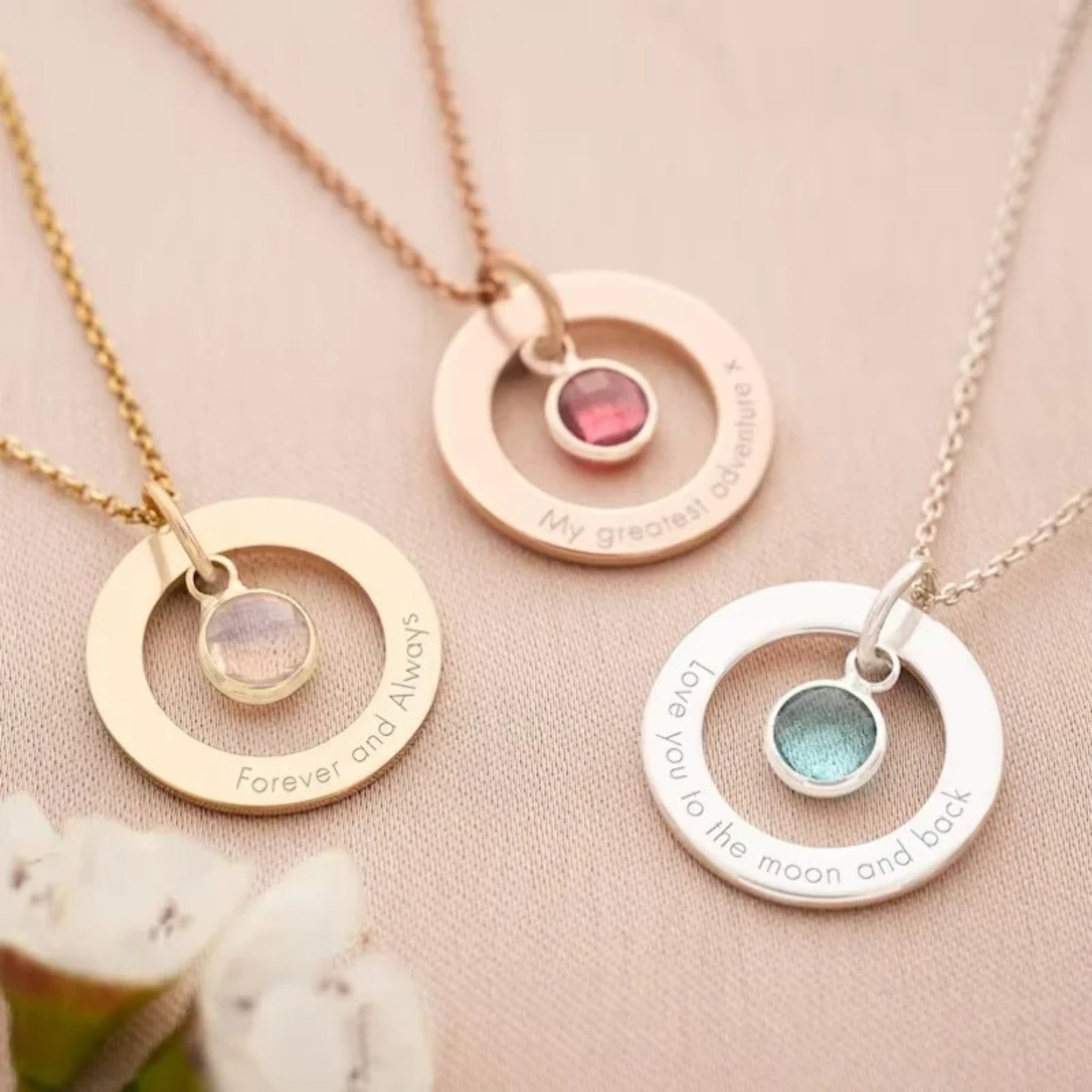 Engraved Ring Pendant with Birthstones