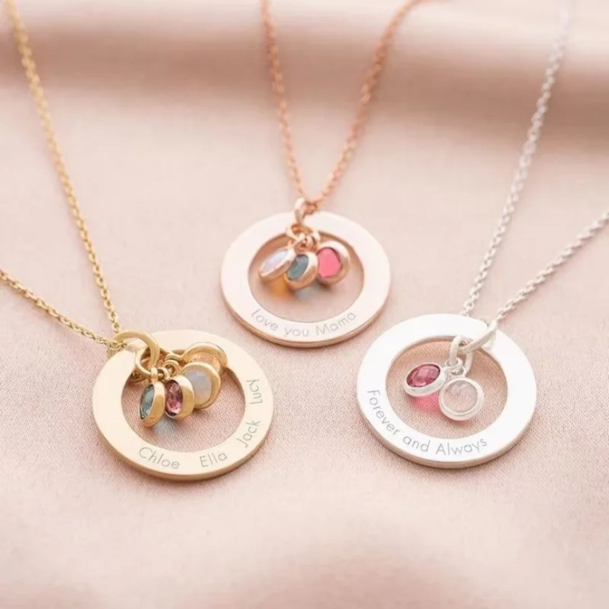 Engraved Ring Pendant with Birthstones