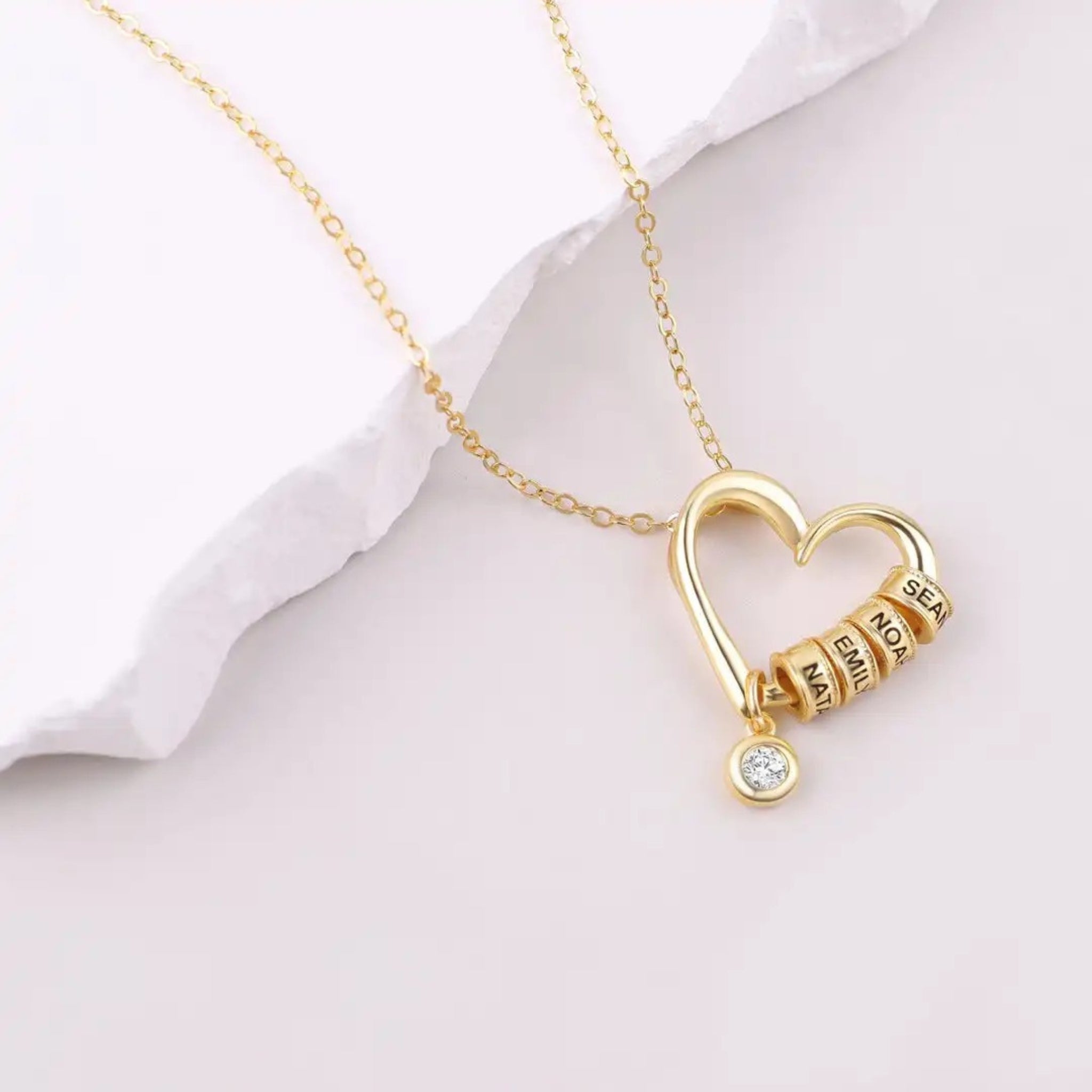 Heart Necklace with Engraved Rings and Birthstone