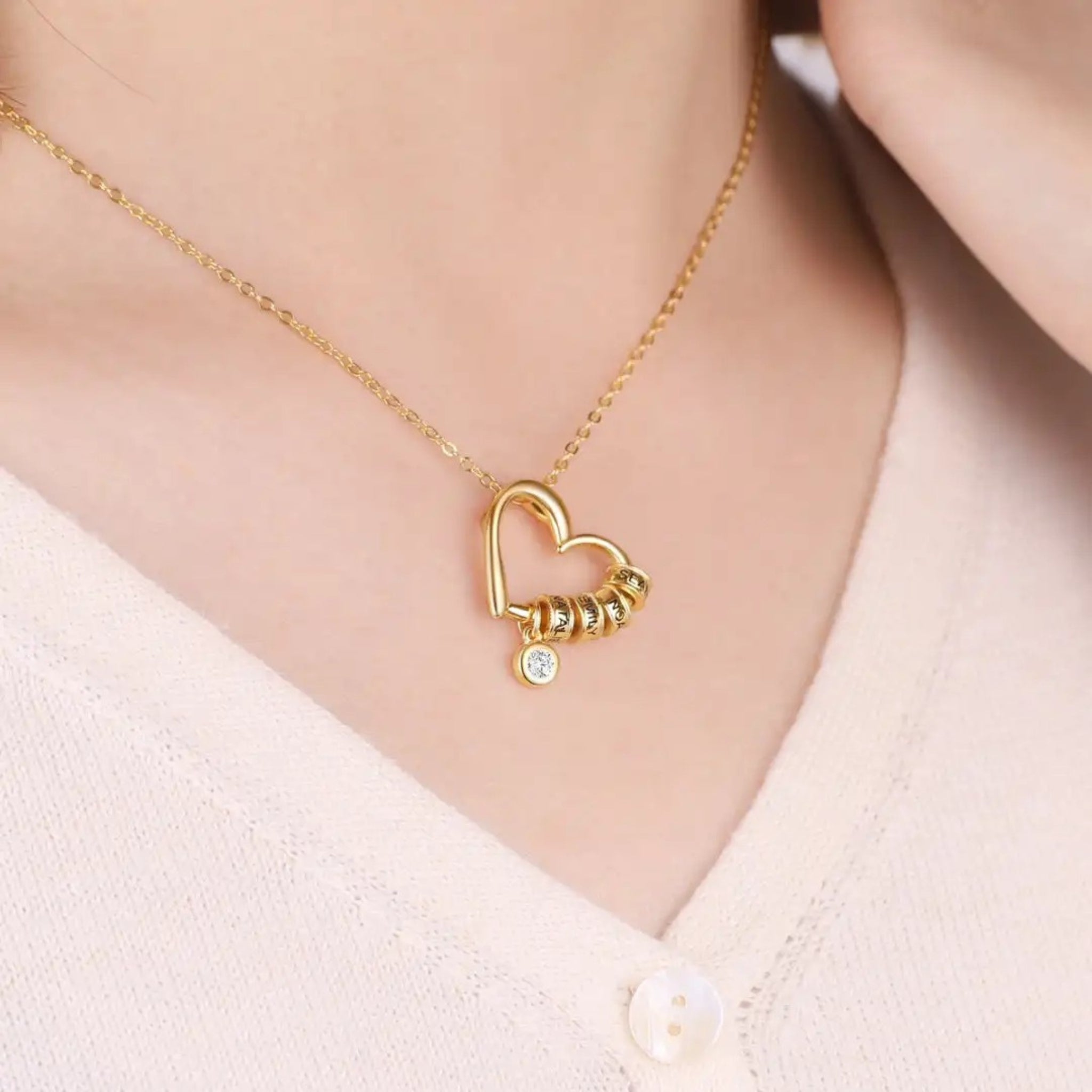 Heart Necklace with Engraved Rings and Birthstone