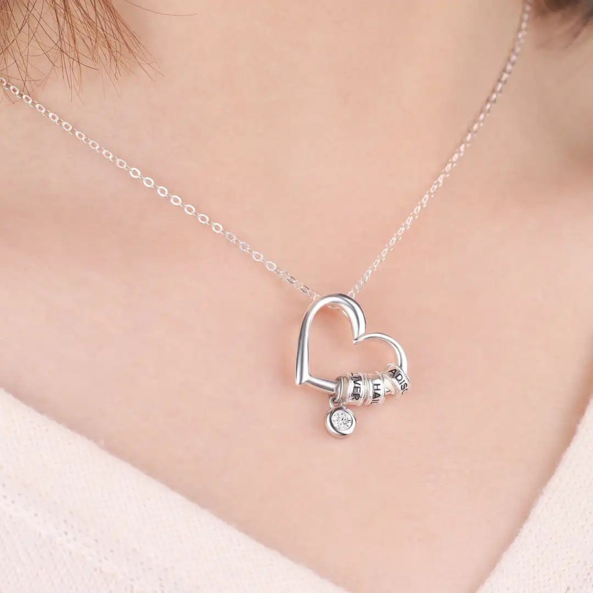 Heart Necklace with Engraved Rings and Birthstone