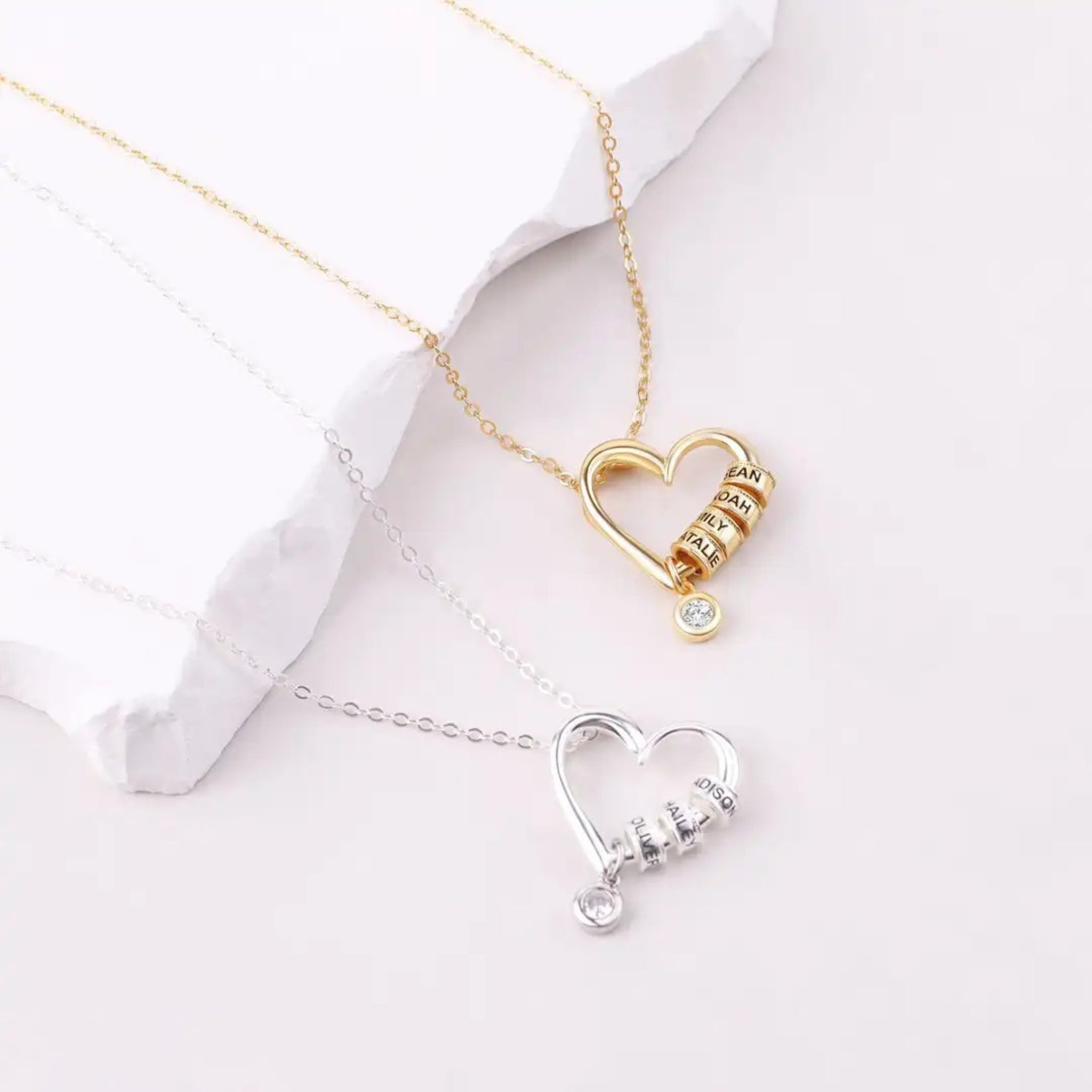 Heart Necklace with Engraved Rings and Birthstone