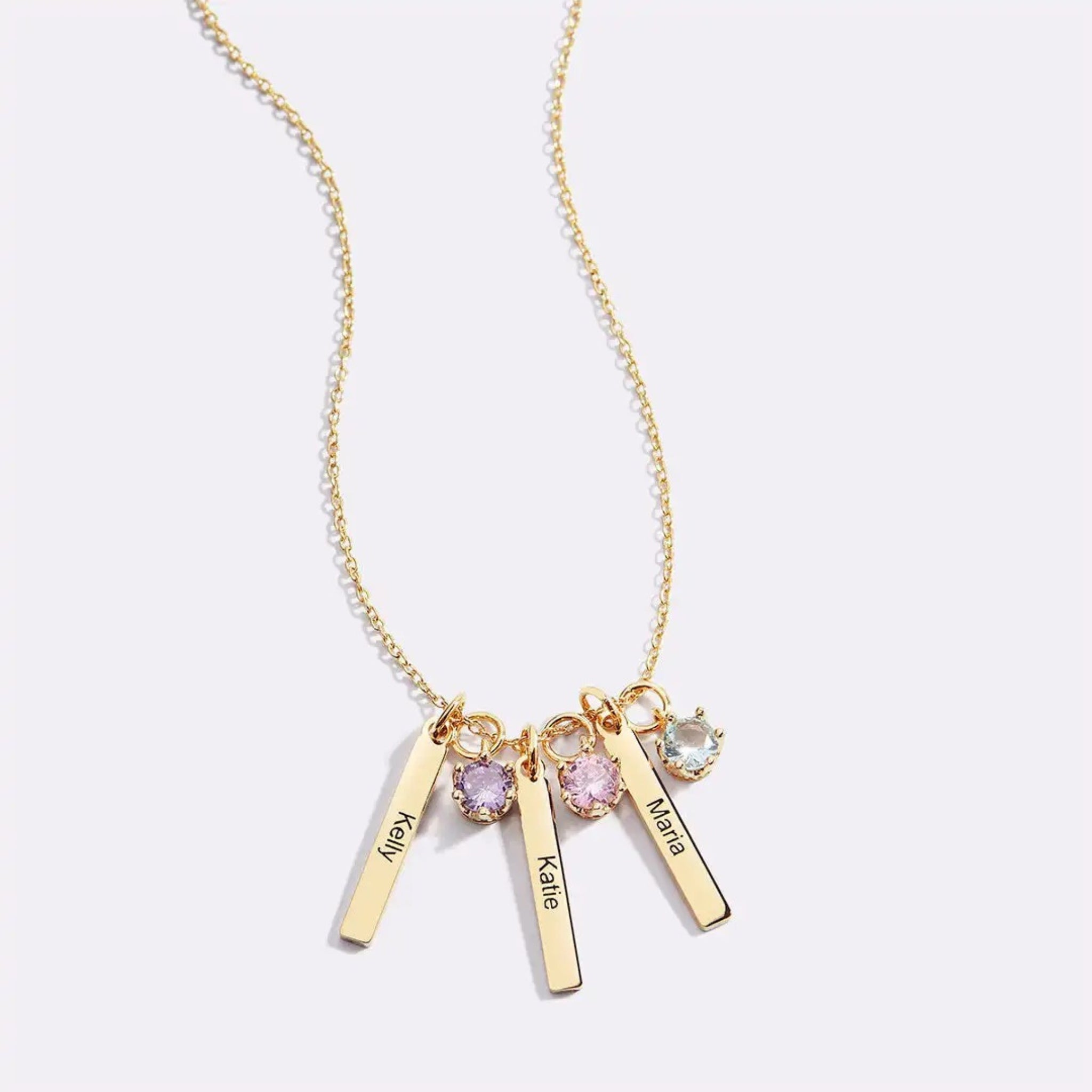 Engraved Bar Charm Necklace with Birthstones