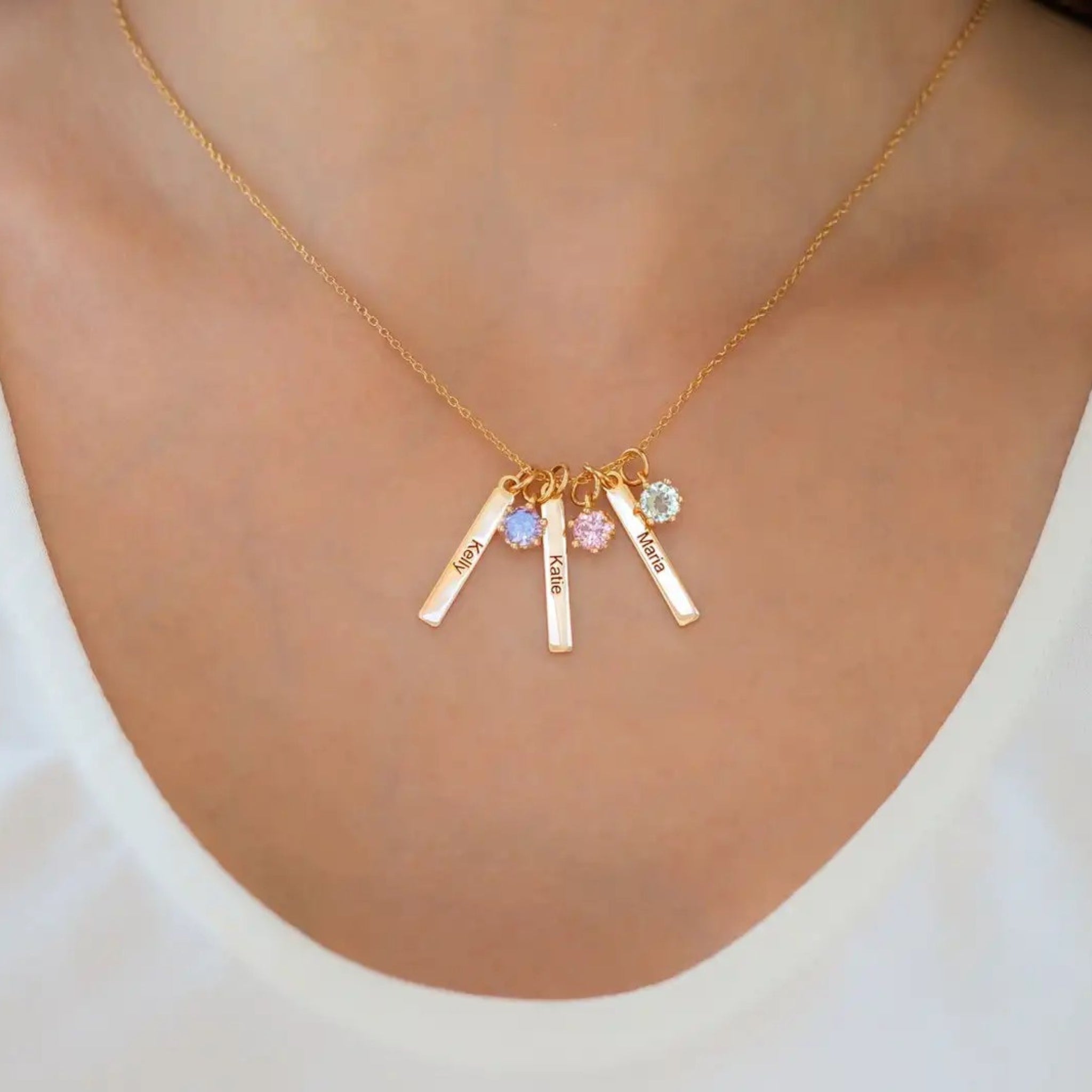 Engraved Bar Charm Necklace with Birthstones