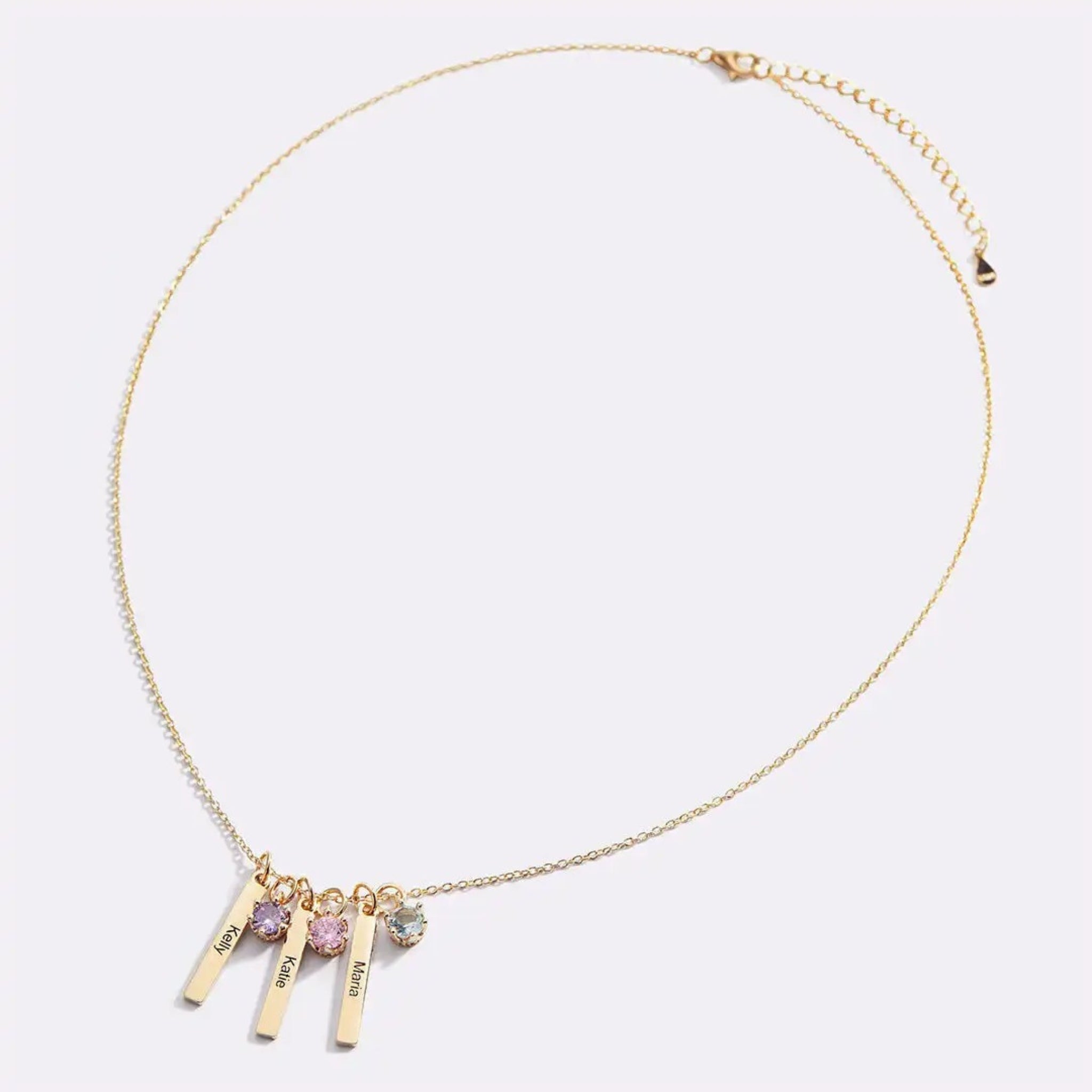Engraved Bar Charm Necklace with Birthstones