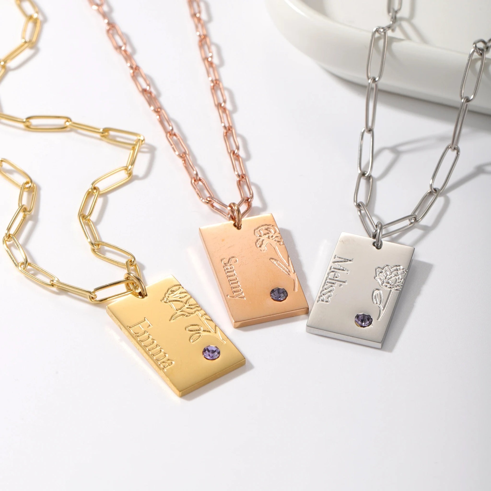 Birth Flower Necklace with Birthstone and Name