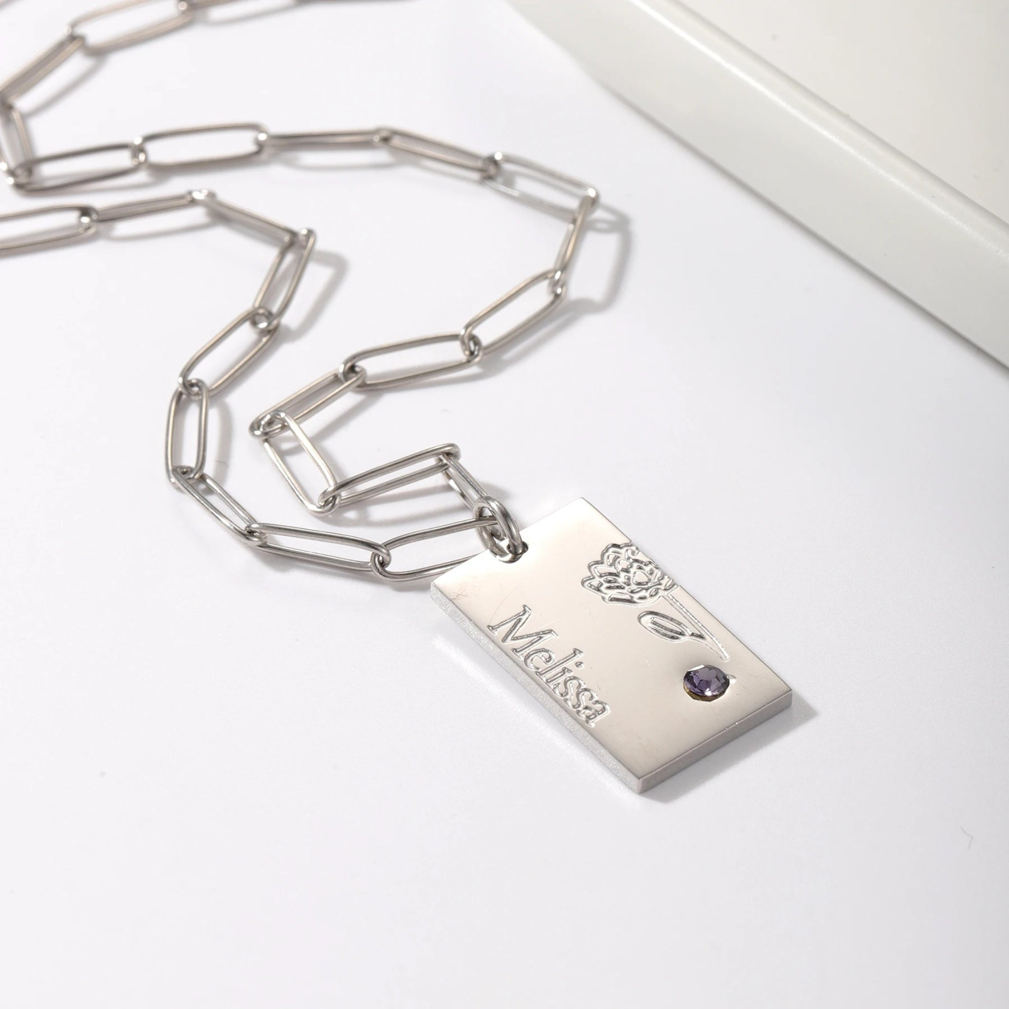 Birth Flower Necklace with Birthstone and Name