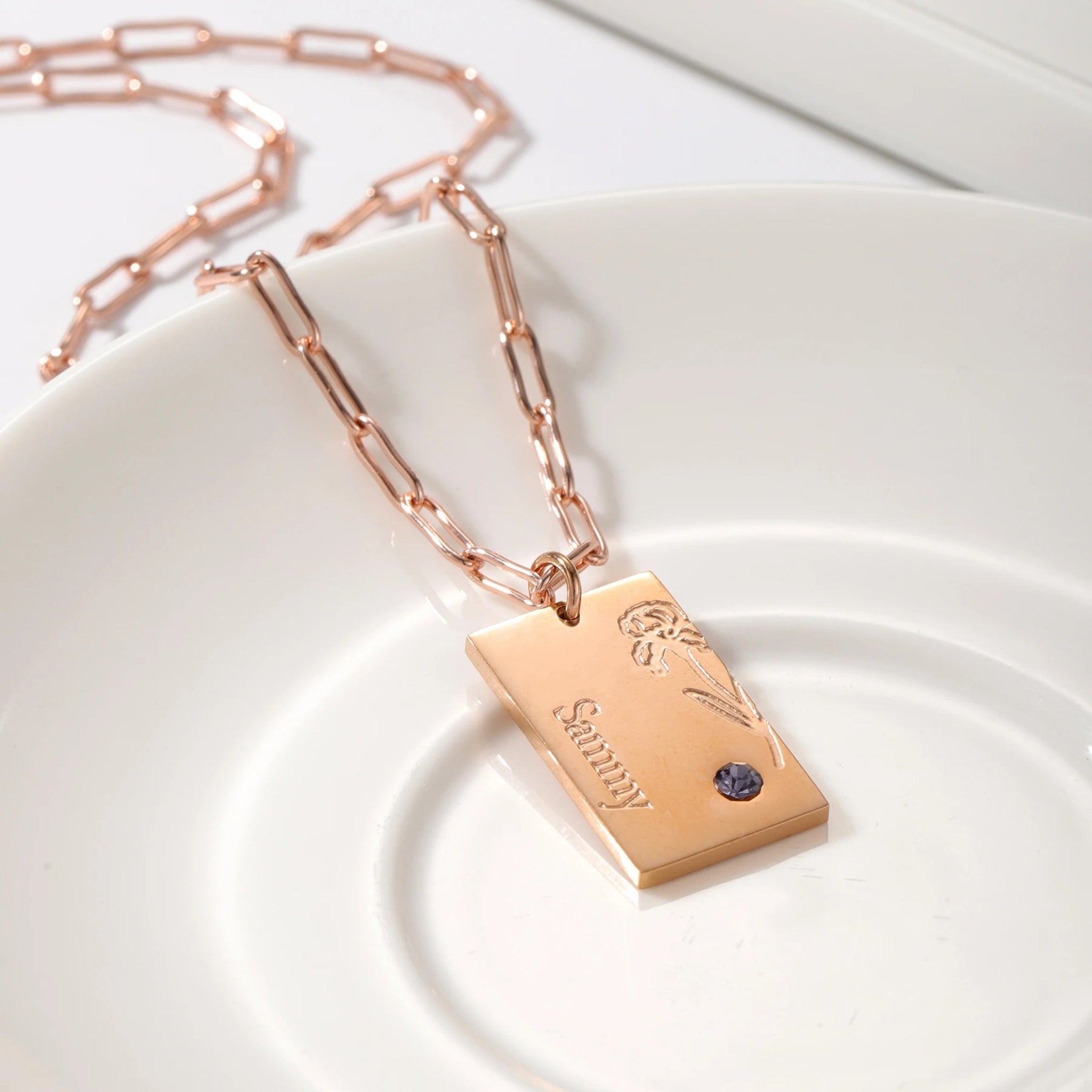 Birth Flower Necklace with Birthstone and Name