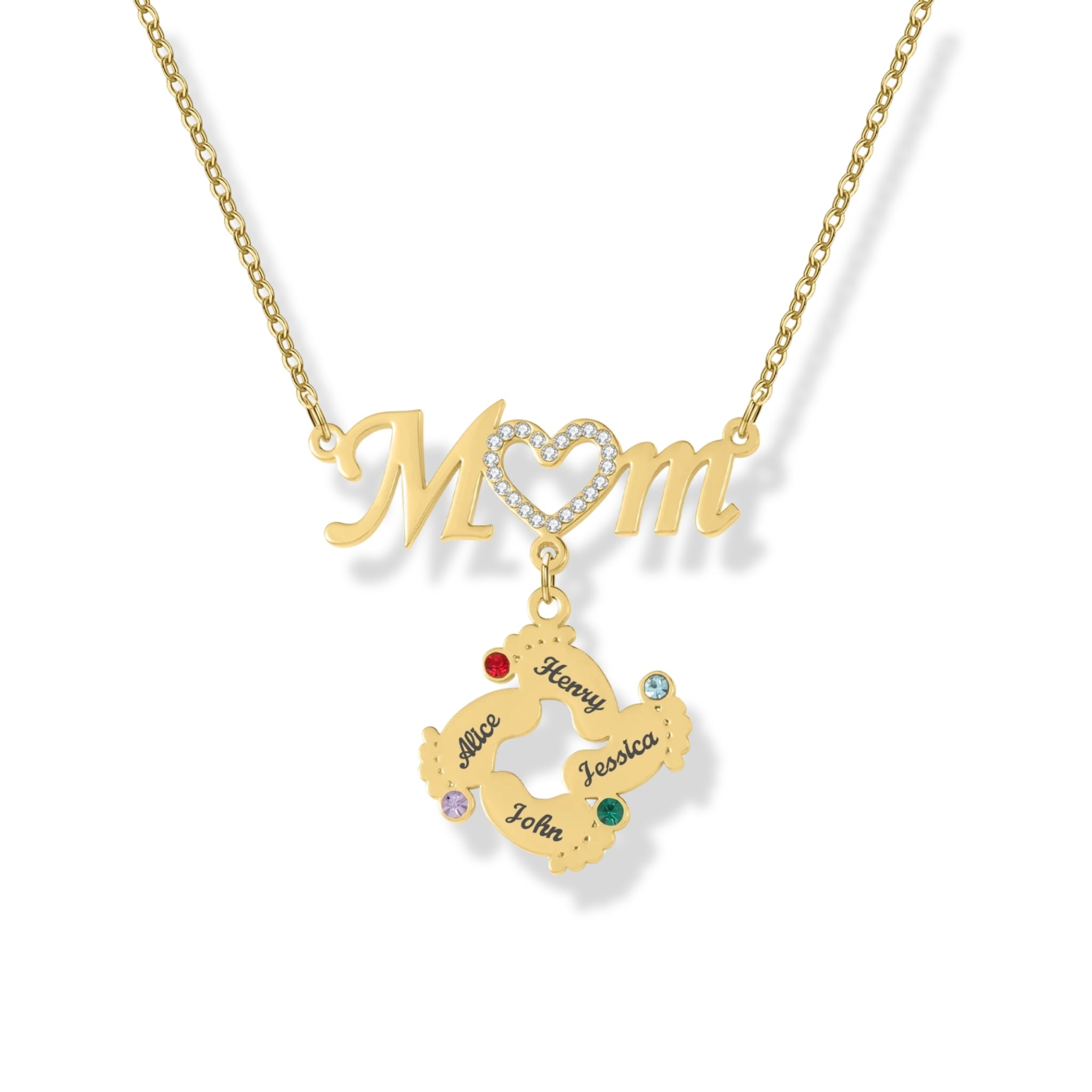 Mom Necklace with Footprint Charms and Birthstones