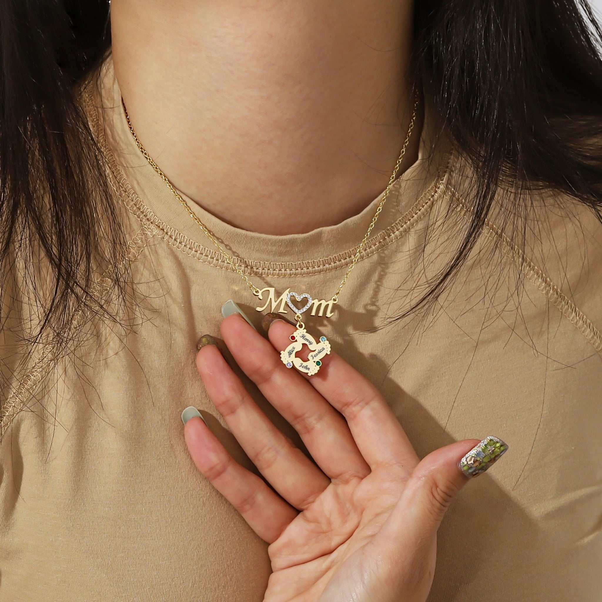 Mom Necklace with Footprint Charms and Birthstones