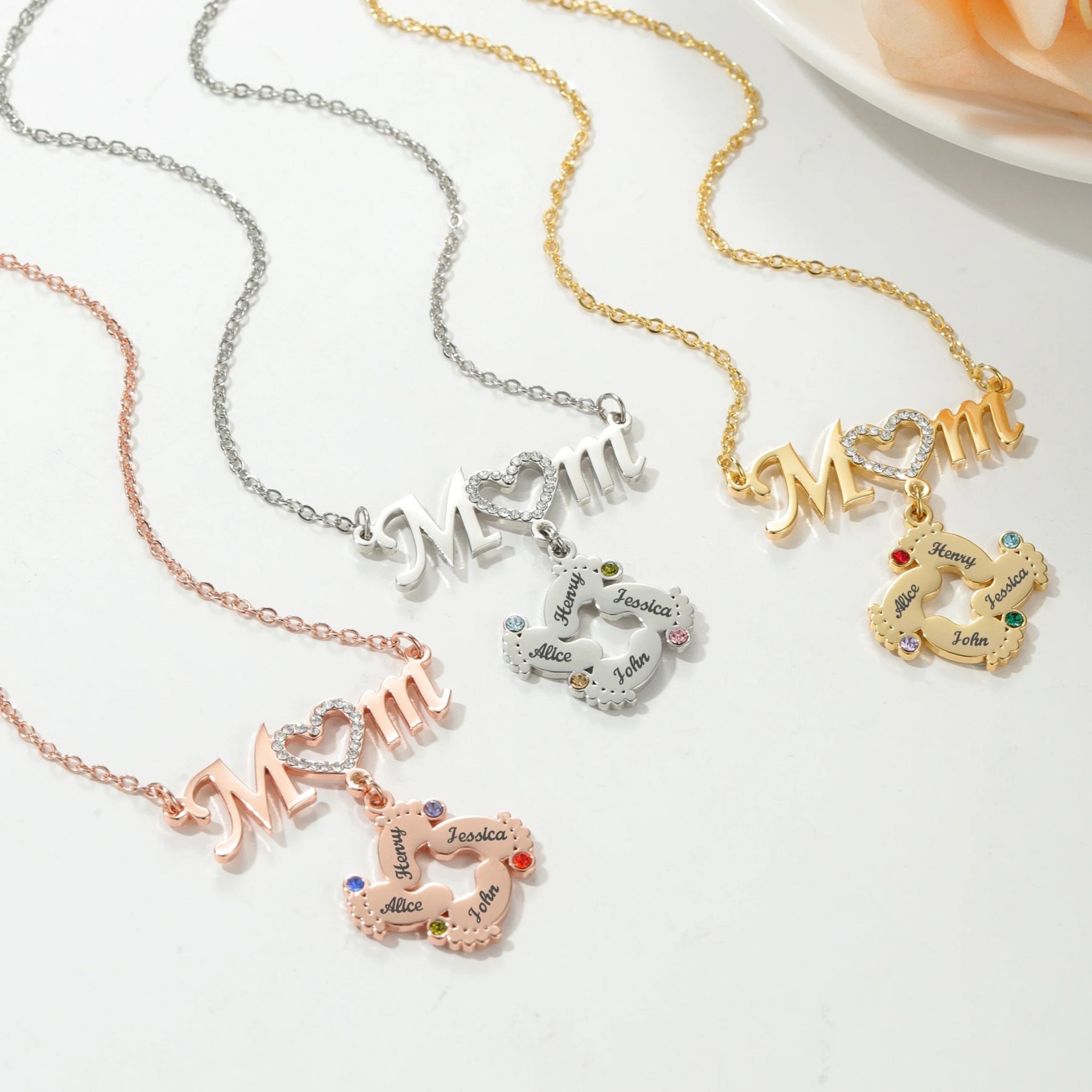Mom Necklace with Footprint Charms and Birthstones