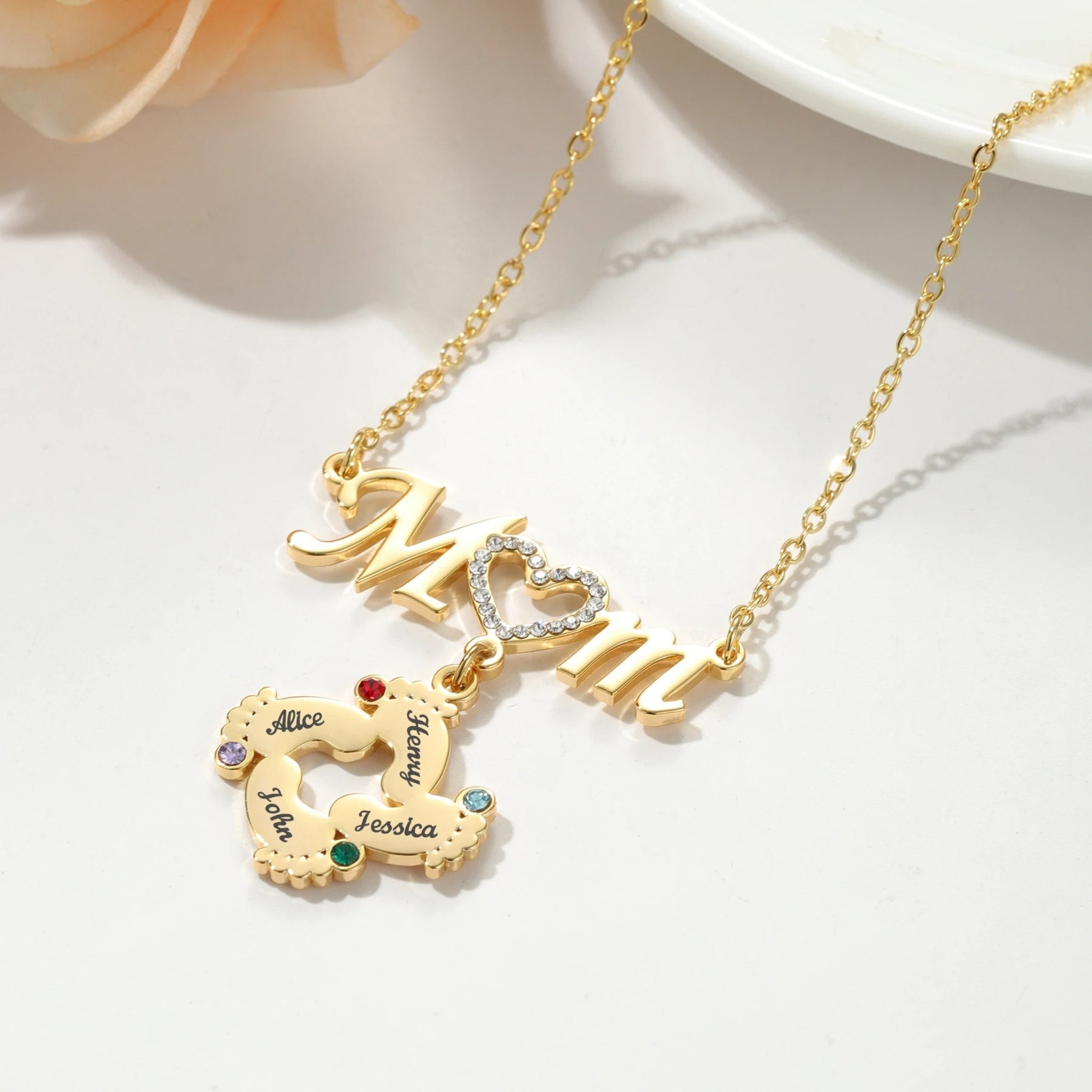 Mom Necklace with Footprint Charms and Birthstones