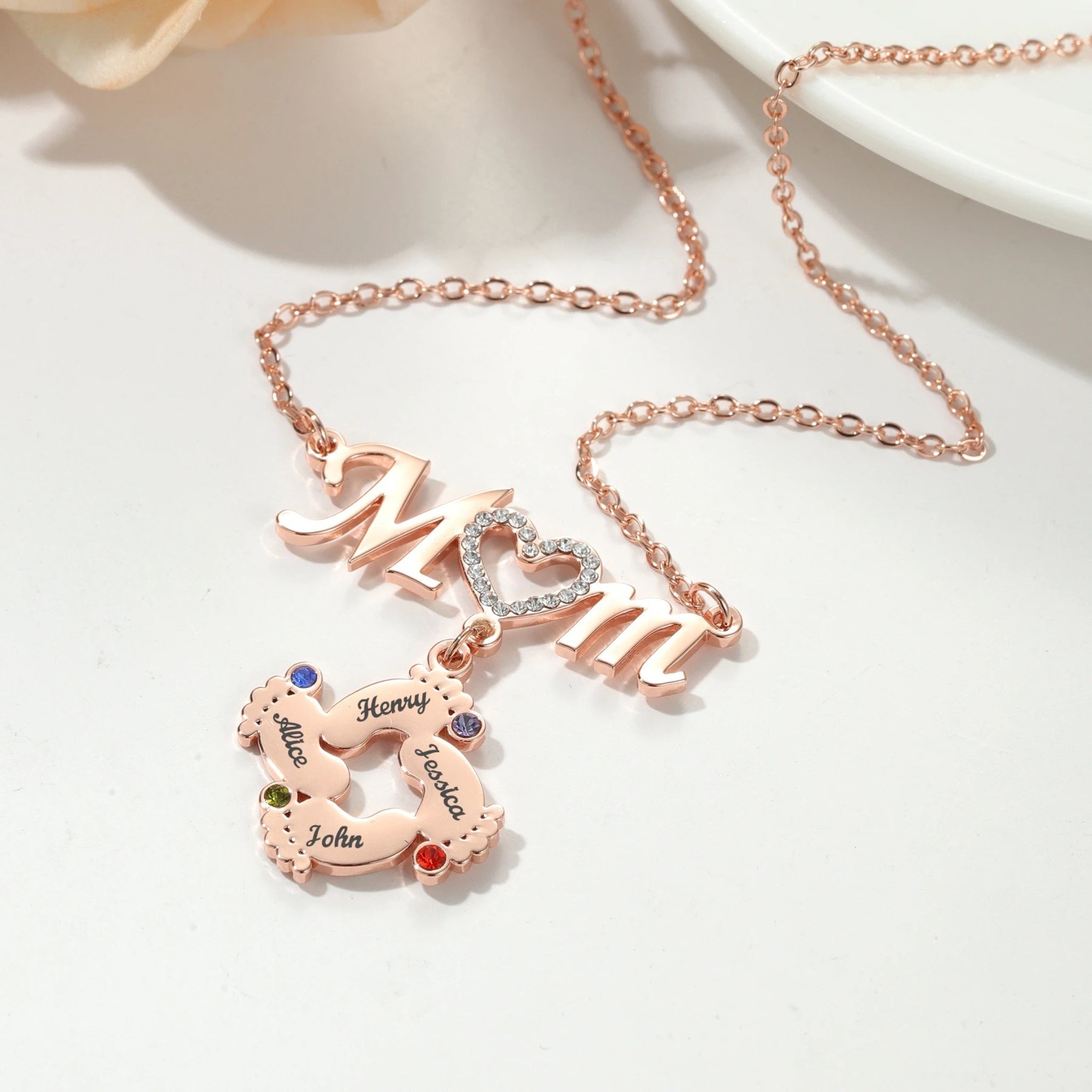 Mom Necklace with Footprint Charms and Birthstones