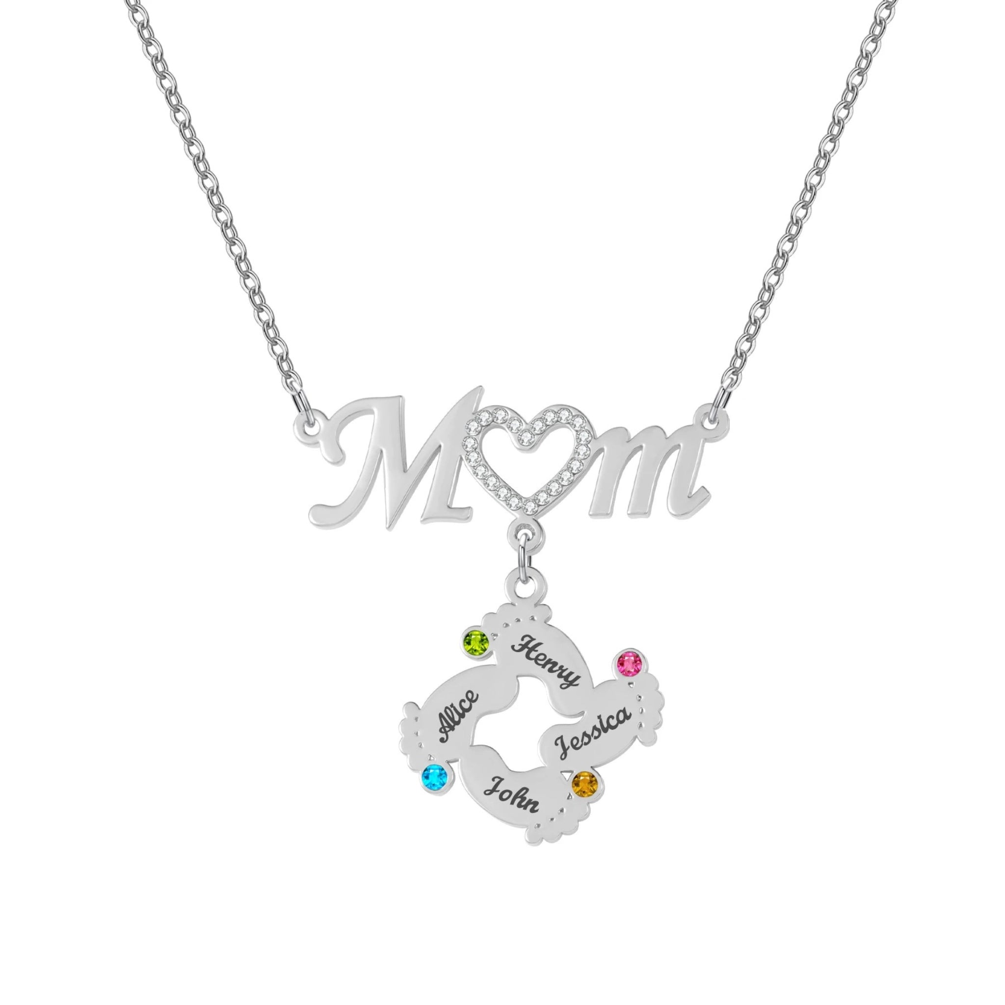 Mom Necklace with Footprint Charms and Birthstones