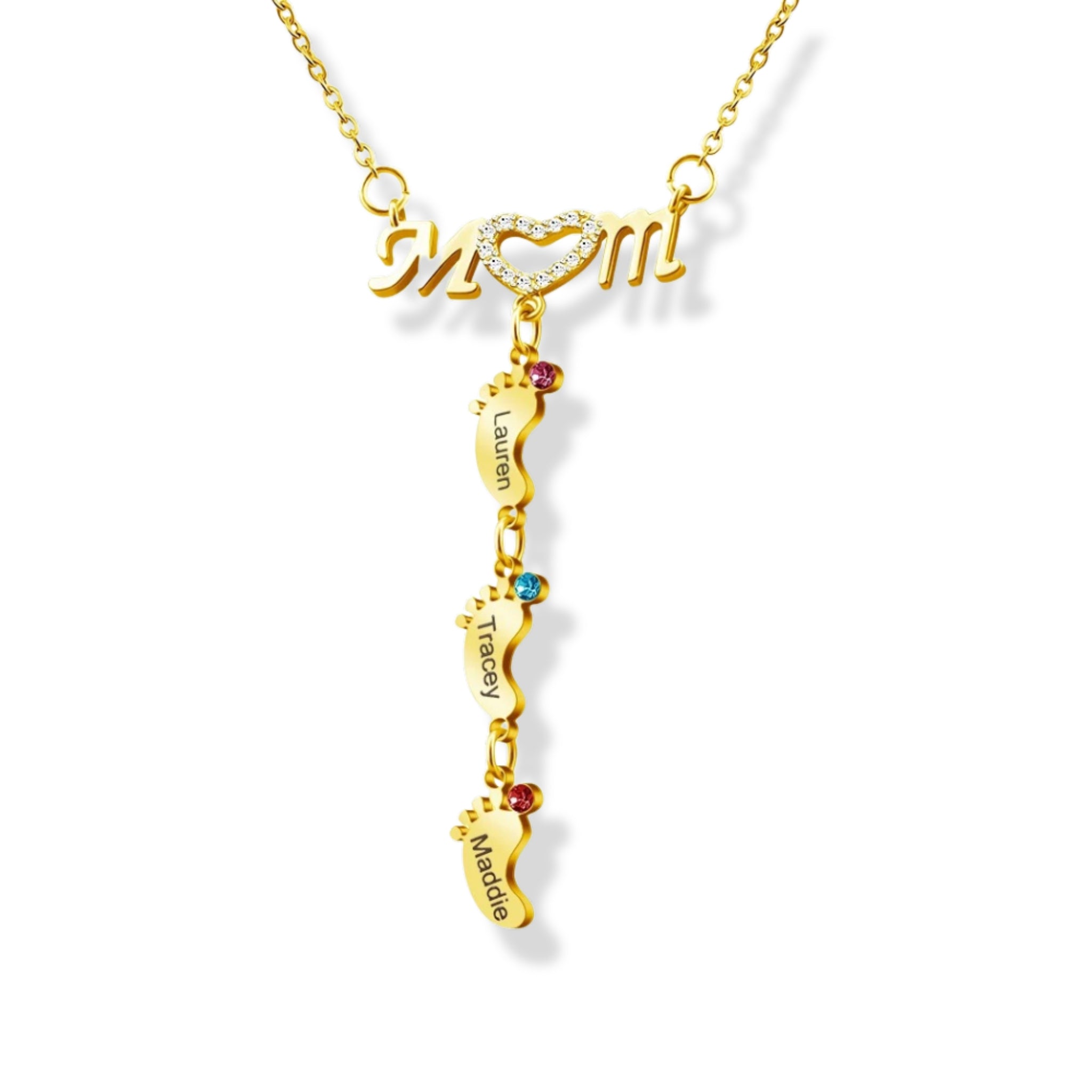Mom Footprint & Birthstone Drop Necklace
