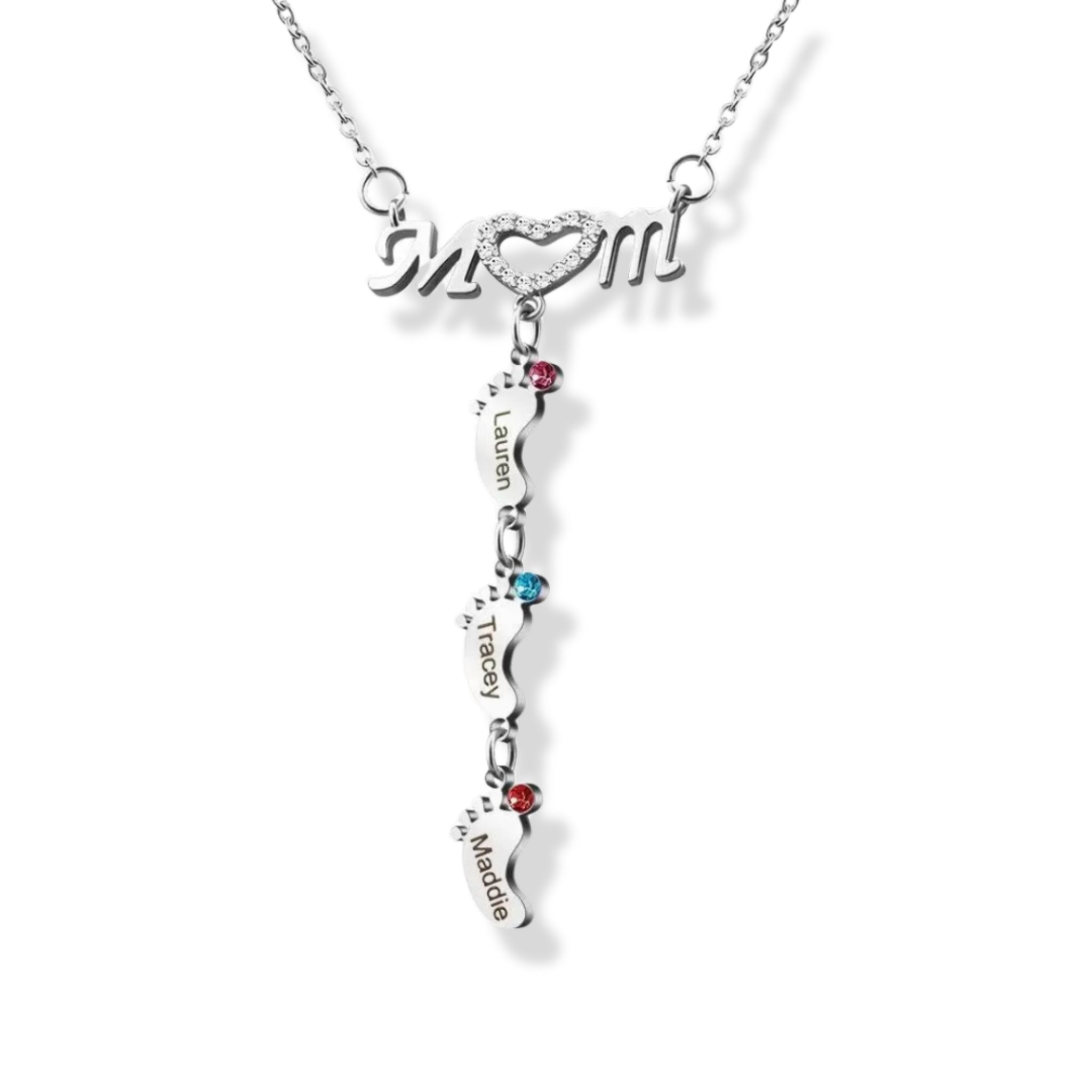 Mom Footprint & Birthstone Drop Necklace