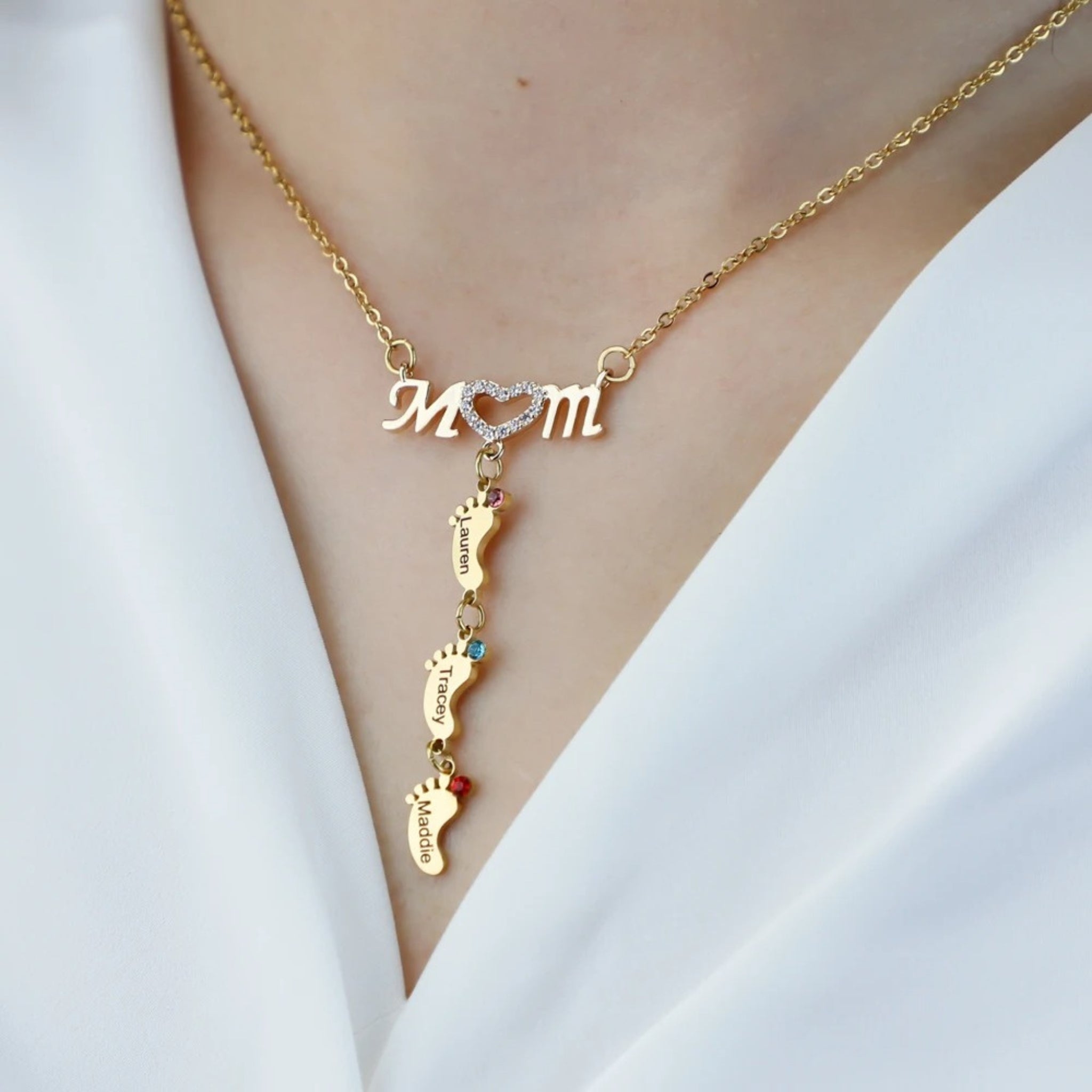 Mom Footprint & Birthstone Drop Necklace