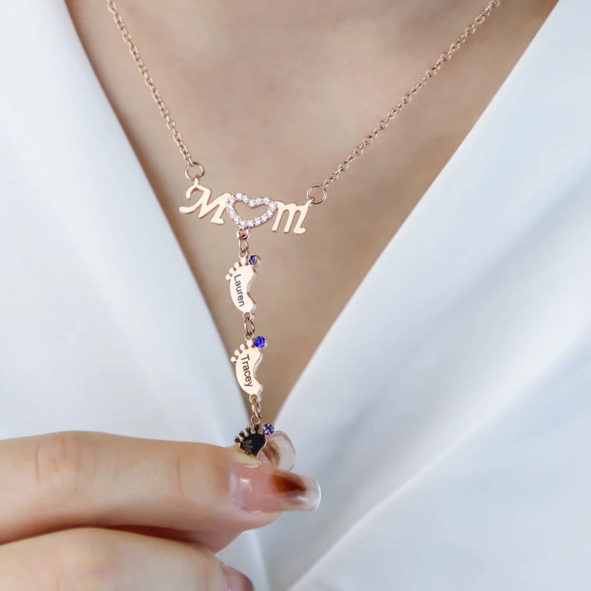 Mom Footprint & Birthstone Drop Necklace