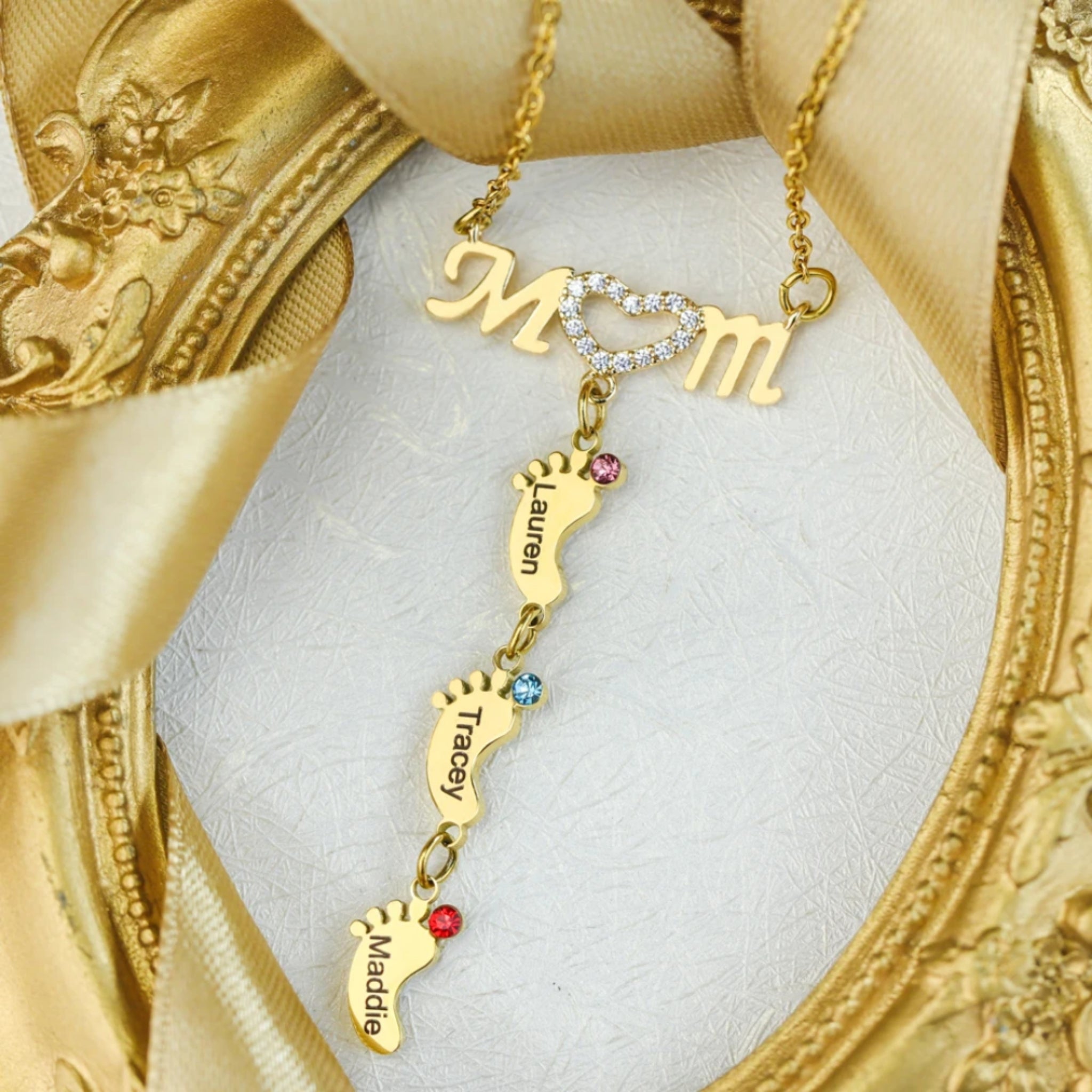 Mom Footprint & Birthstone Drop Necklace
