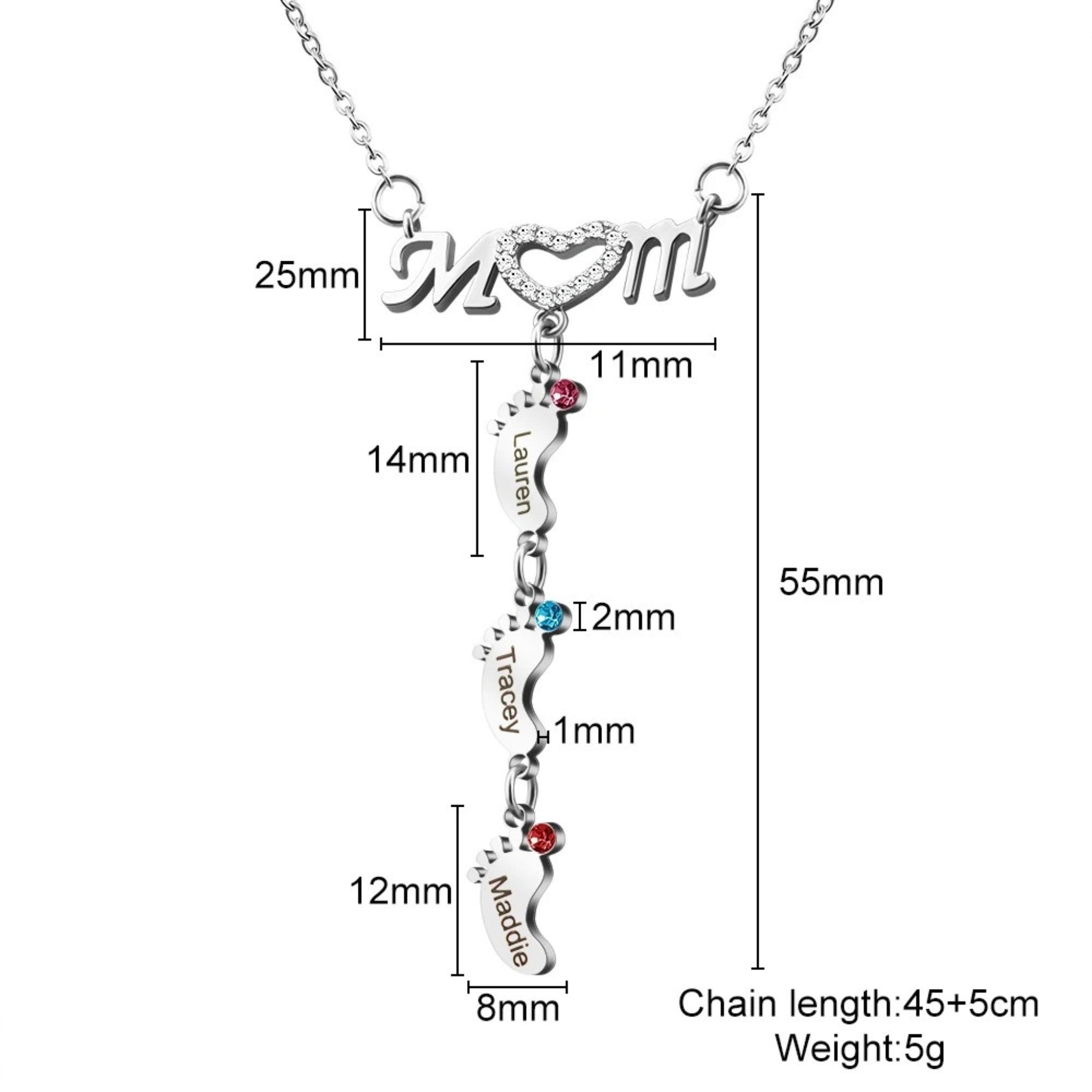 Mom Footprint & Birthstone Drop Necklace