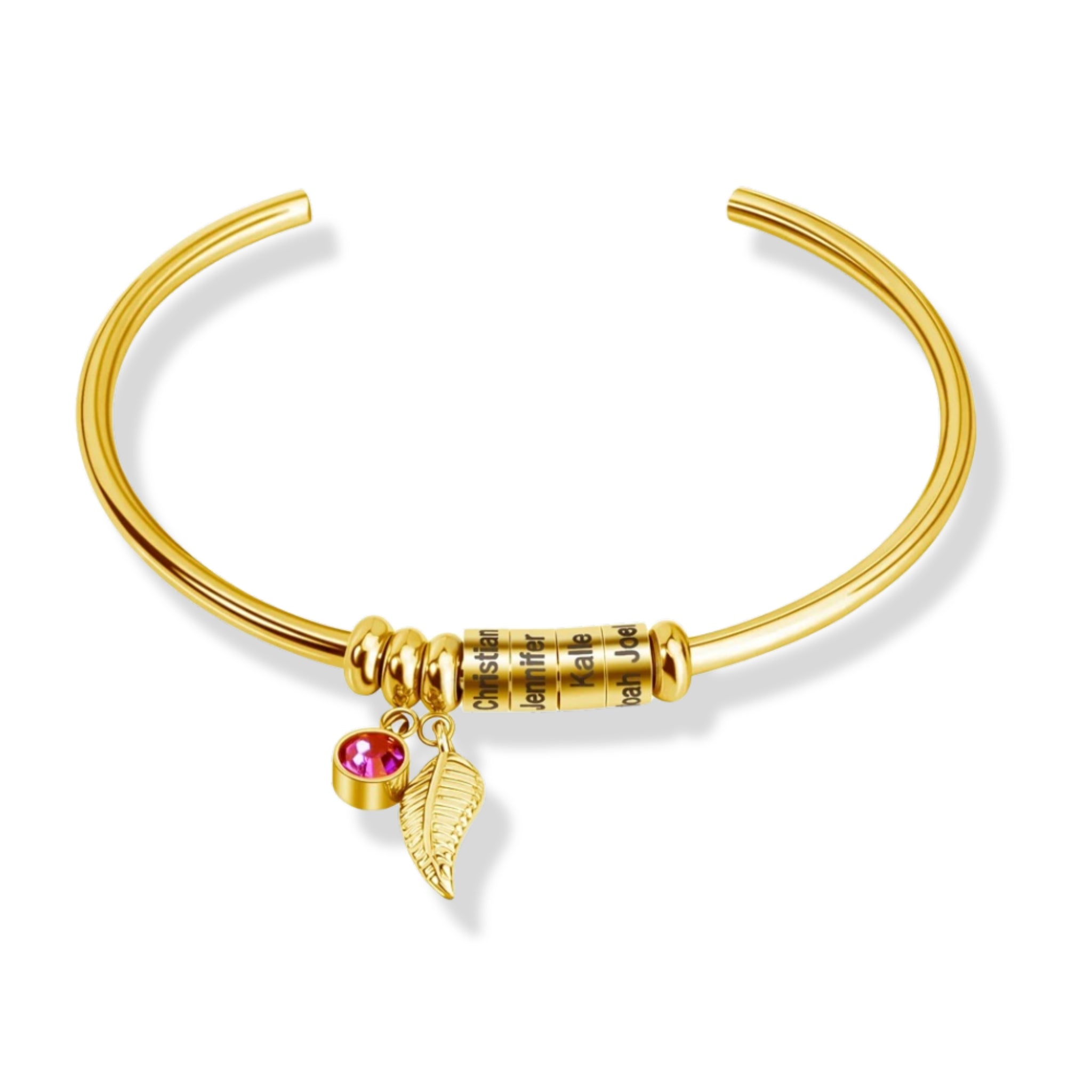 Leaf Charm Bangle with Birthstone and Engraved Charms