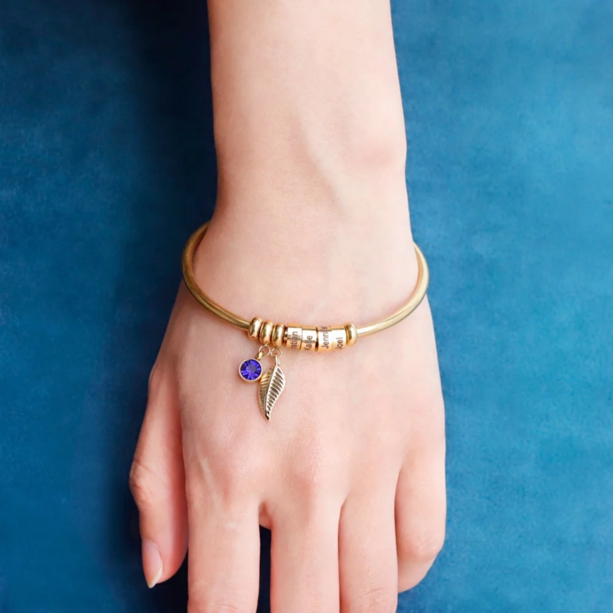 Leaf Charm Bangle with Birthstone and Engraved Charms