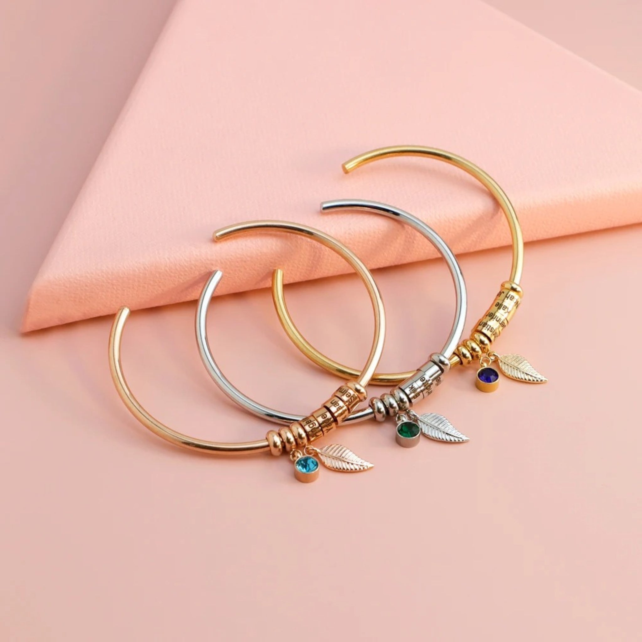 Leaf Charm Bangle with Birthstone and Engraved Charms
