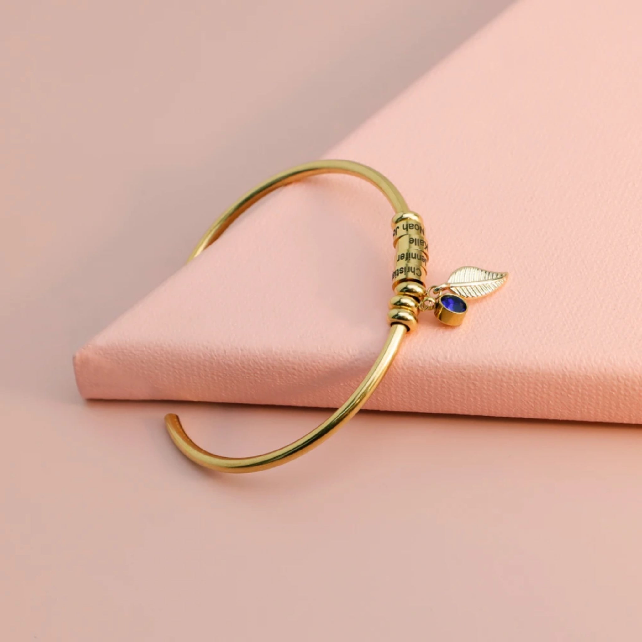 Leaf Charm Bangle with Birthstone and Engraved Charms