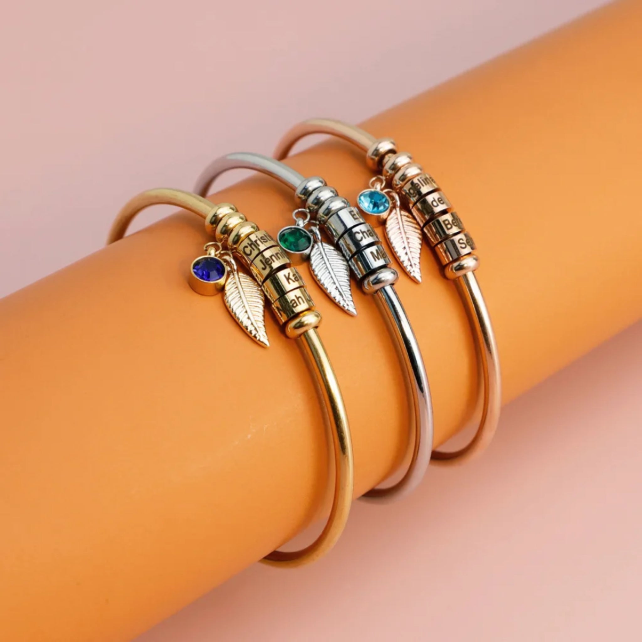Leaf Charm Bangle with Birthstone and Engraved Charms