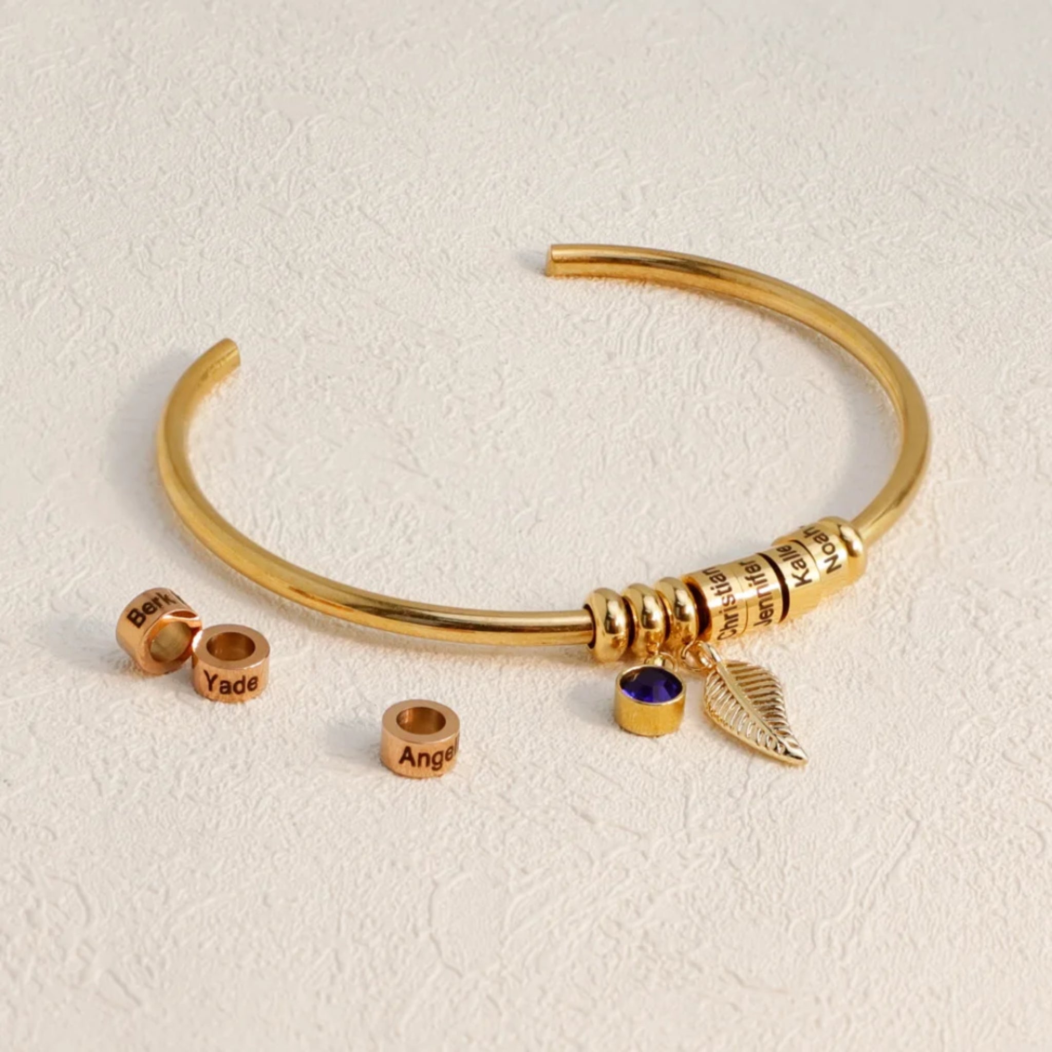 Leaf Charm Bangle with Birthstone and Engraved Charms
