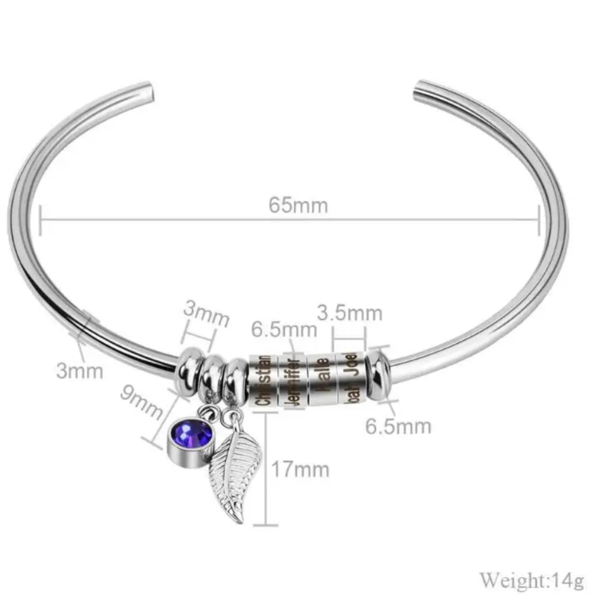 Leaf Charm Bangle with Birthstone and Engraved Charms