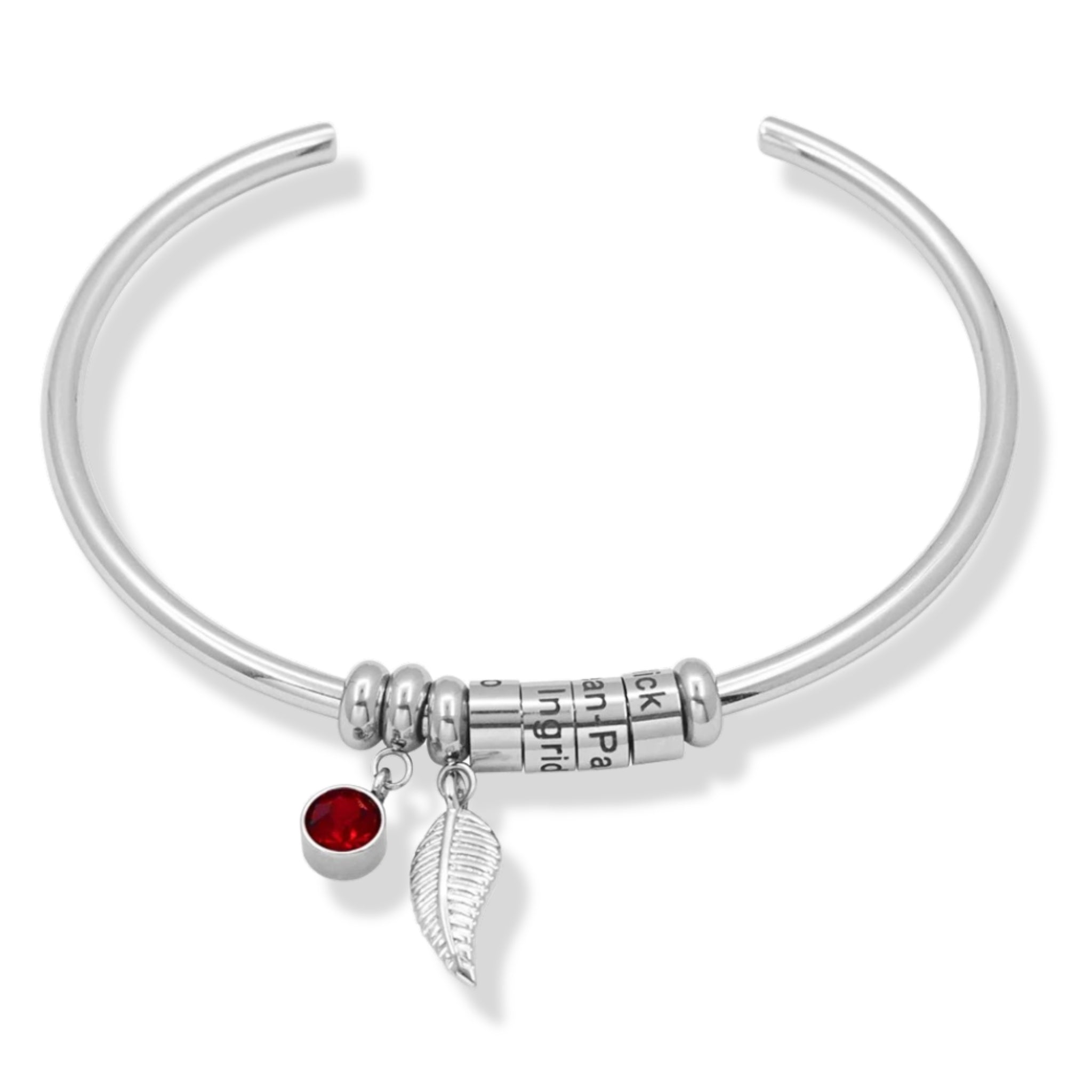 Leaf Charm Bangle with Birthstone and Engraved Charms