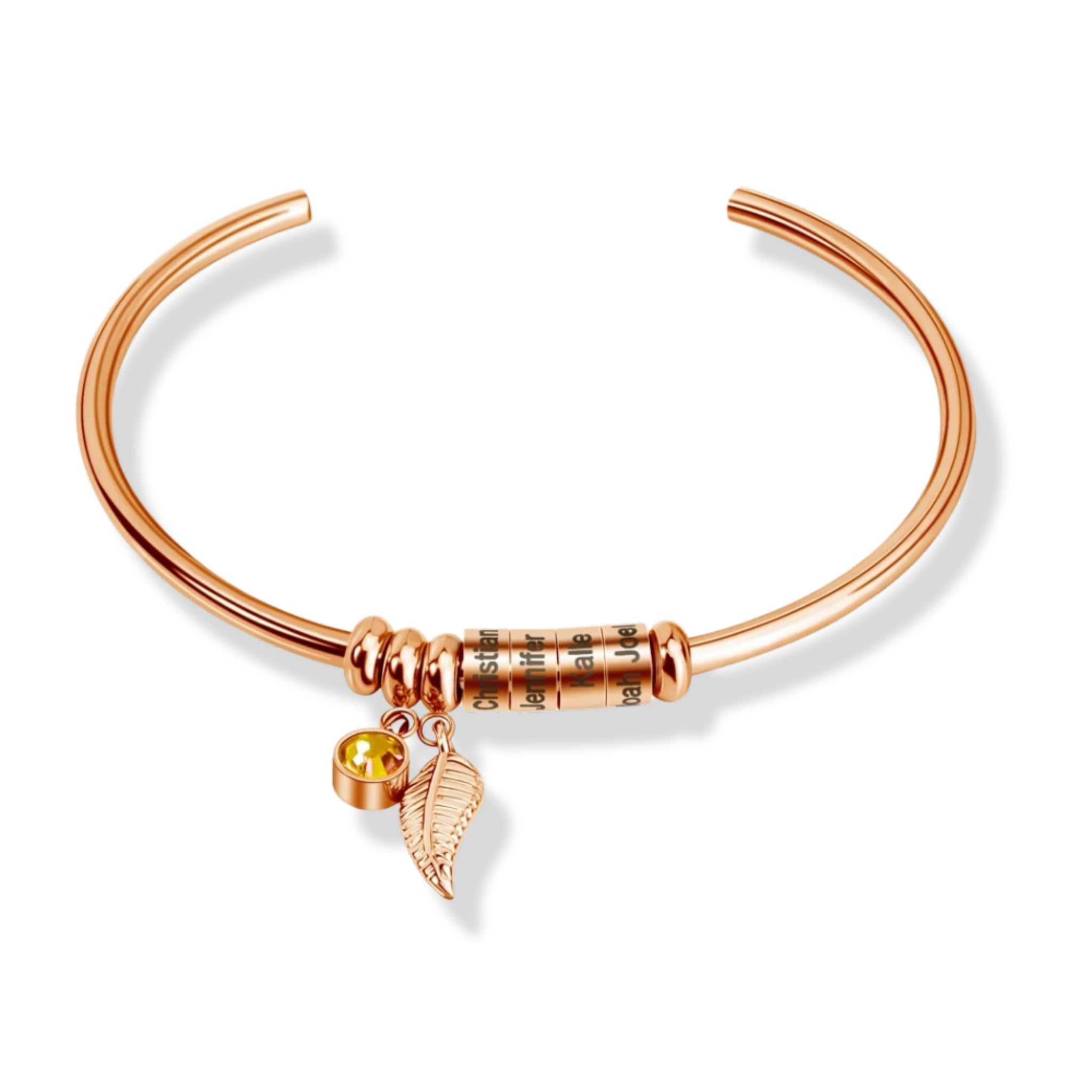 Leaf Charm Bangle with Birthstone and Engraved Charms