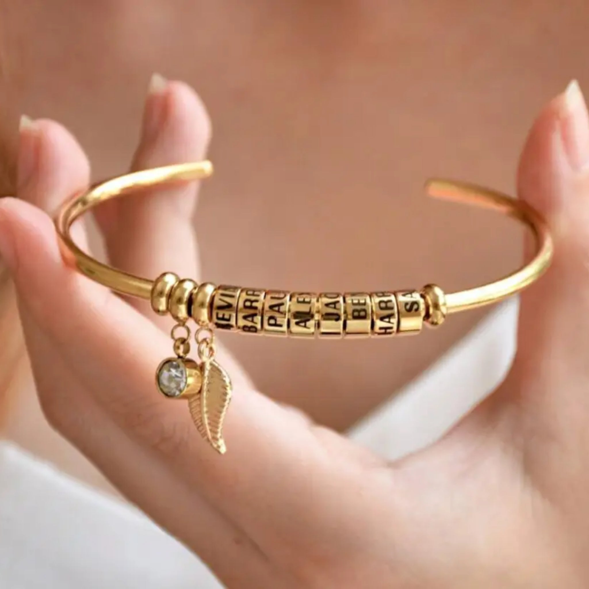 Leaf Charm Bangle with Birthstone and Engraved Charms