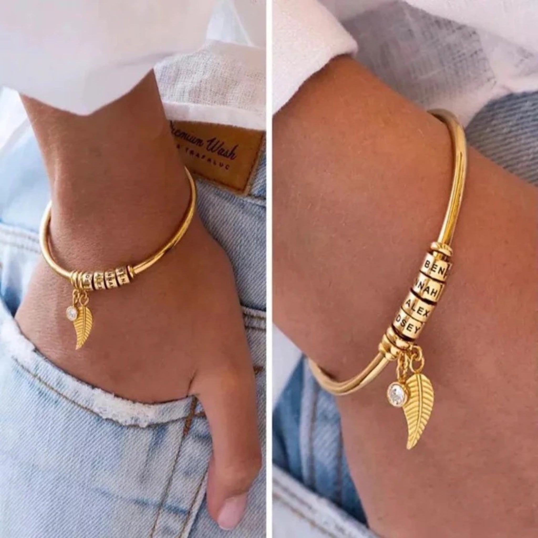 Leaf Charm Bangle with Birthstone and Engraved Charms