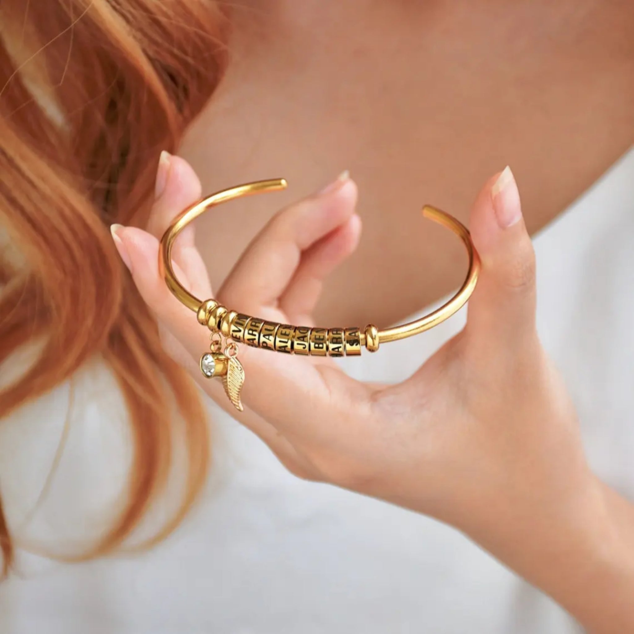 Leaf Charm Bangle with Birthstone and Engraved Charms