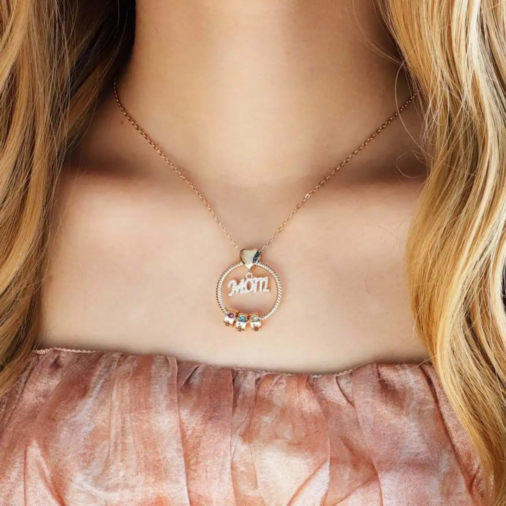 Mom Ring Pendant with Engraved Birthstone Charms