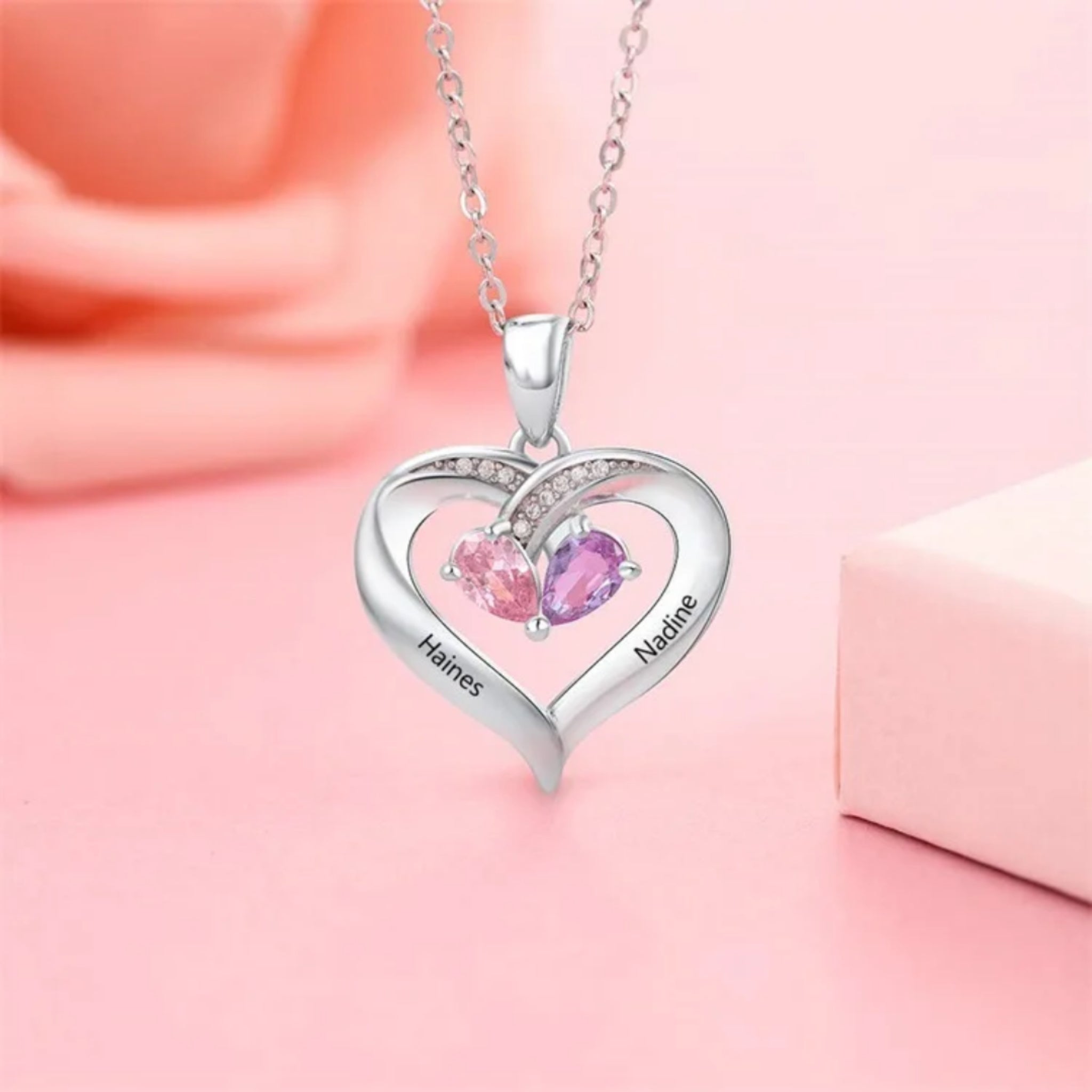 'Toi et Moi' Heart Pendant Birthstone Necklace