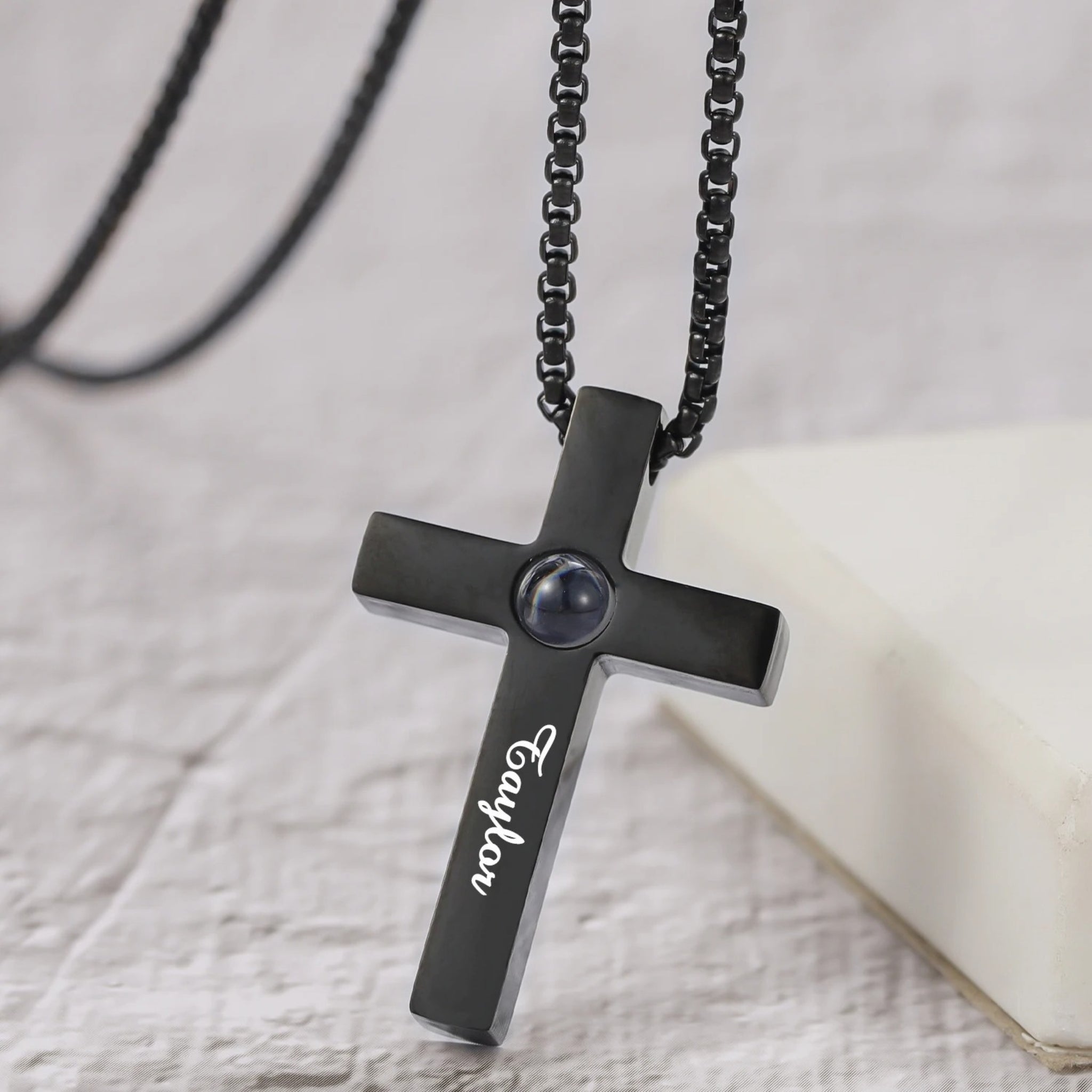 Engraved Cross Pendant with Hidden Photo