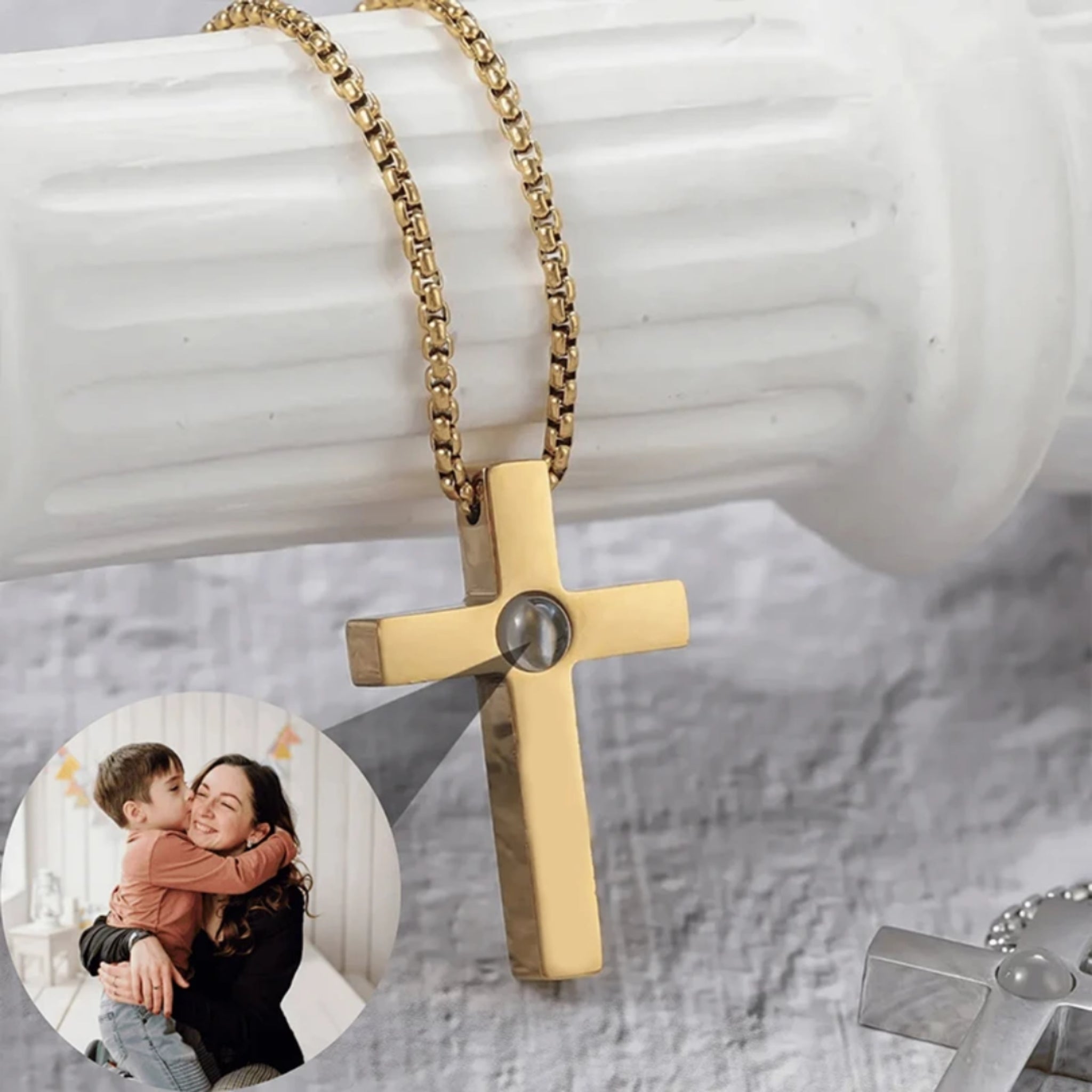 Engraved Cross Pendant with Hidden Photo