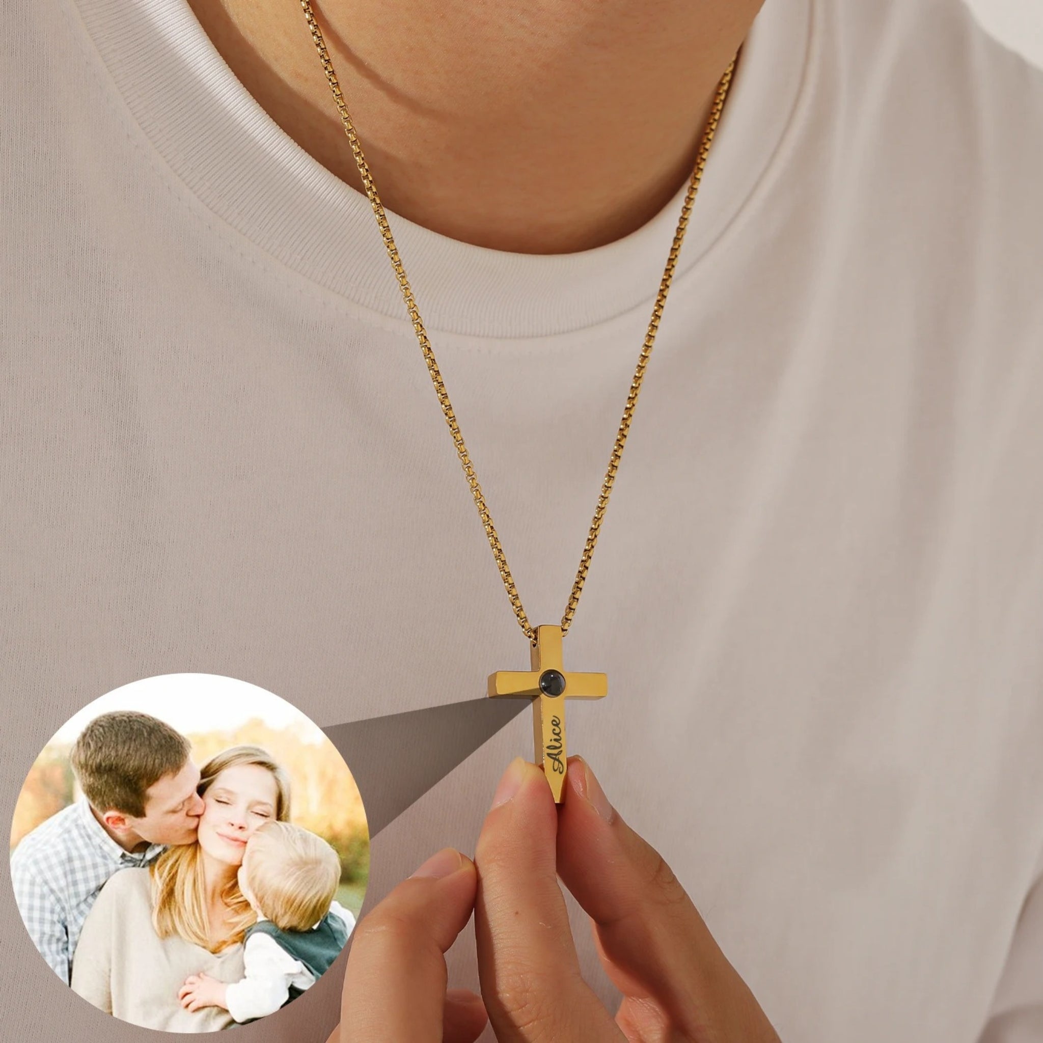 Engraved Cross Pendant with Hidden Photo