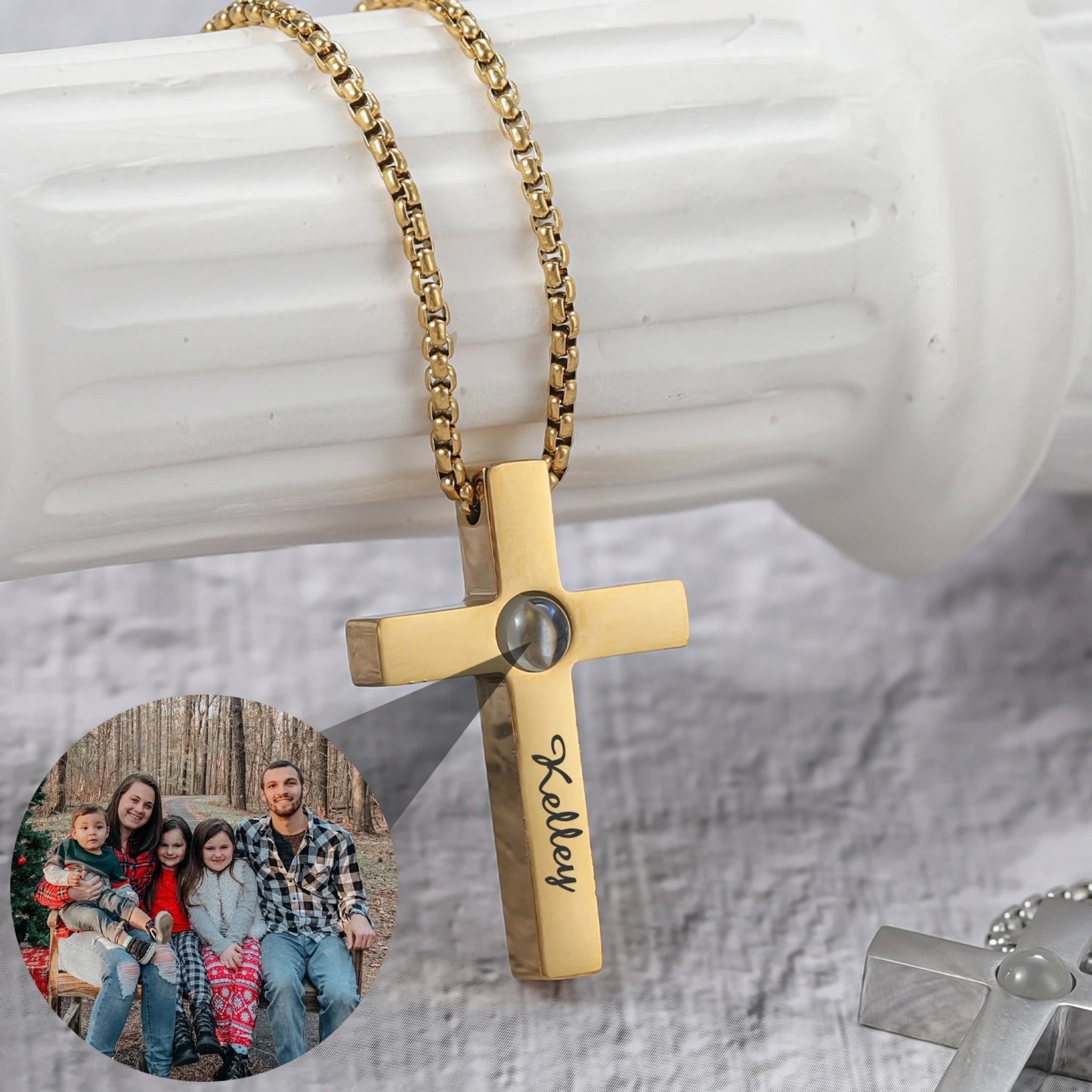 Engraved Cross Pendant with Hidden Photo