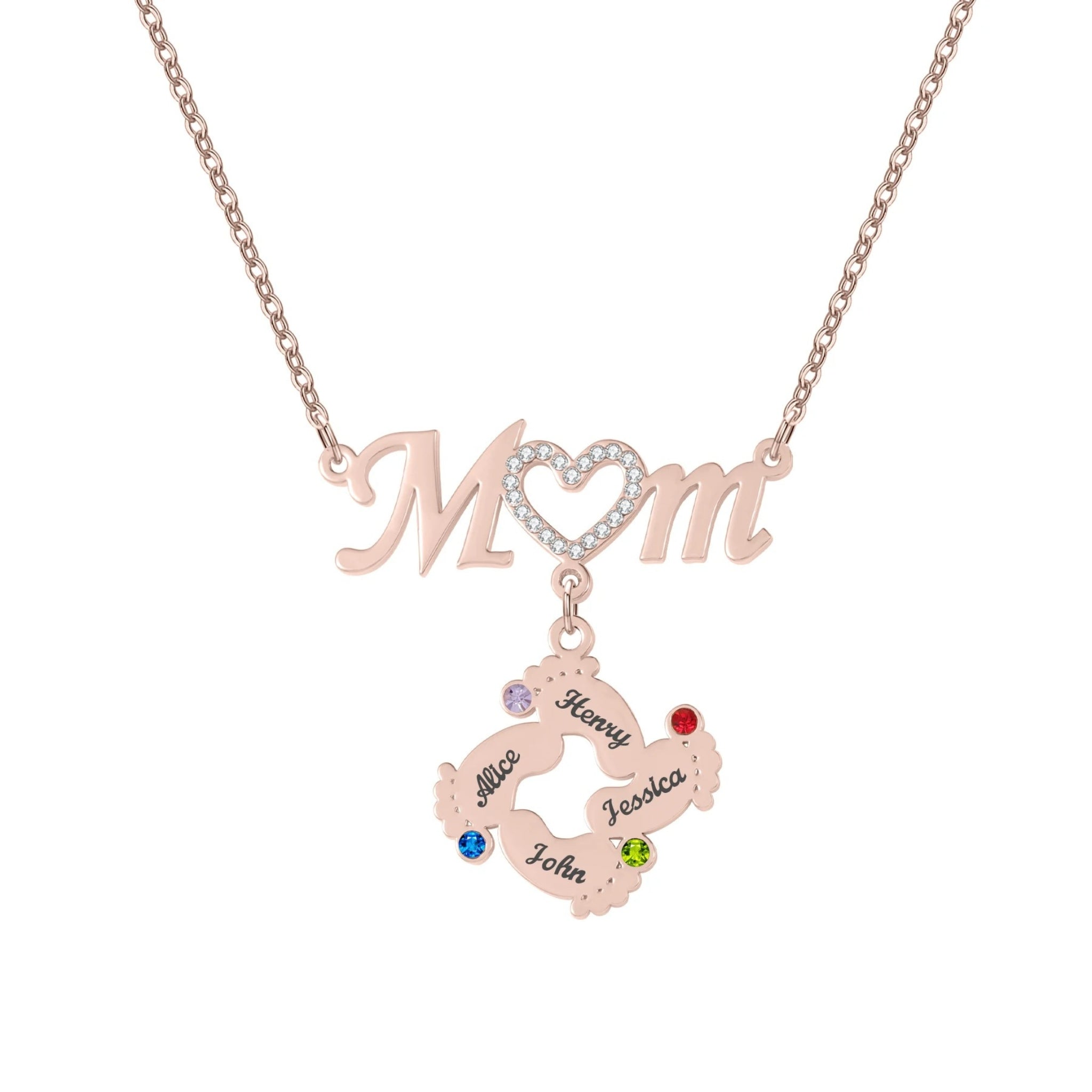 Mom Necklace with Footprint Charms and Birthstones